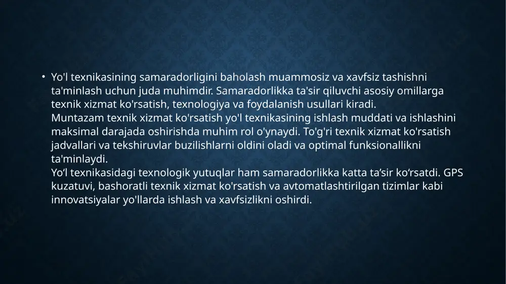 hlarni belgilash. haydovchi va piyodalarga muhim ma’lumotlarni yetkazish. yth (yo‘l-transport hodisalari) xavfini kamaytirish va tirbandliklarni oldini olish. avtomobil yo‘llari infratuzilmasini zamonaviy texnologiyalar bilan jihozlash. muhandislik jihozlashning jamiyat uchun ahamiyati: yo‘llardagi harakat xavfsizligi darajasini oshiradi. avariya holatlarini kamaytiradi va insonlar hayotini asraydi. transport vositalarining samarali harakatlanishini ta’minlaydi. ekologik muhitni yaxshilaydi (trafik optimallashuvi tufayli yoqilg‘i sarfi kamayadi). muhandislik jihozlarining turlari va ularning samaradorligi avtomobil yo‘llarini muhandislik jihozlashda turli texnik vositalar va tizimlar qo‘llaniladi. ularning samaradorligi texnologik rivojlanish darajasi va foydalanish sharoitlariga bog‘liq. 2.1. yo‘l belgilari va chiziqlari ogohlantiruvchi belgilar – yo‘ldagi xavfli joylar haqida ogohlantiradi. buyuruvchi va taqiqlovchi belgilar – yo‘lovchilar va haydovchilarning harakatini tartibga soladi. axborot belgilari – muhim yo‘nalishlar va obyektlar haqida ma’lumot beradi. yo‘l chiziqlari – harakat yo‘nalishlarini ajratish va xavfsiz harakatlanishni ta’minlash uchun qo‘llaniladi. samaradorligi: yo‘lovchi va haydovchilar xavfsizlik choralari haqida xabardor bo‘ladi. ythlar soni kamayadi. harakatning aniq tashkil etilishi transport oqimini yaxshilaydi. 2.2. svetofor tizimlari transport vositalari …
