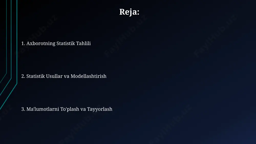 afiklar qo'llaniladi, bu esa ma'lumotlarni turli xil nuqtai nazardan tahlil qilish imkonini beradi. ehtimollik nazariyasi asoslari diskret tasodifiy o'zgaruvchilar uchun matematik kutilma va dispersiya kabi asosiy statistik xarakteristikalarni hisoblash usullari ehtimollik taqsimotlari orqali aniqlanadi. ehtimollik nazariyasi tasodifiy hodisalar ehtimolligini o'rganadi, masalan, 10 ta zar urishda 3 marta 6 sonining tushish ehtimoli 0.26 dan kamroq bo'lishi mumkin. bayes teoremasi shartli ehtimollikni hisoblashda muhim rol o'ynaydi va ikkita hodisaning bog'liqlik darajasini aniqlashda qo'llaniladi, masalan, 0.8 va 0.3 ehtimolliklari bilan. korrelyatsiya va regressiya tahlili korrelyatsiya koeffitsiyenti -1 dan +1 gacha bo'lib, 0.8 dan yuqori qiymat kuchli musbat, -0.8 dan past qiymat esa kuchli manfiy bog'liqlikni ko'rsatadi. regressiya tahlili bu bog'liqlikni matematik tenglama orqali ifodalashga imkon beradi. ko'p o'zgaruvchili regressiya tahlili 2 yoki undan ortiq mustaqil o'zgaruvchining bog'liq o'zgaruvchiga ta'sirini tahlil qilish imkonini beradi, r-kvadrat koeffitsiyenti modelning tushuntirish qobiliyatini baholashda qo'llaniladi. regressiya tahlili natijalarini talqin qilishda standart xato va p-qiymat kabi statistik parametrlar muhim …
