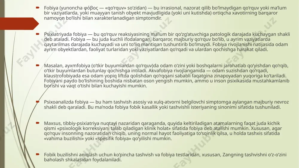 ing tashvishni o‘z-o‘zini baholash shkalasidan foydalaniladi. qo‘rquv hissi barcha sog‘lom odamlarga tanish. masalan, biz ko‘chadan yurganimizda yoki yo‘lni kesib o‘tayotganimizda birdan avtomobilning signal ovozini eshitsak, cho‘chib ketishimiz va chetga sakrashimiz mumkin. imtihondan oldin ba’zan uxlay olmaymiz, omma oldida chiqish qilishdan oldin esa badanimizni issiq yoki sovuq bosadi va hokazo. ammo shunday holatlar ham bo‘ladiki, keyingi safar yo‘l chetiga yaqinlashganingizda, avvalgi qo‘rquvni eslaysiz. yana xavotir paydo bo‘ladi va siz yerosti o‘tish yo‘lagidan o‘tishni ma’qul ko‘rasiz. ya’ni, tanangizga «ha, yo‘lni kesib o‘tish — bu xavfli vaziyat» degan xabarni yuborasiz, va keyingi safar yo‘lni kesib o‘tishga to‘g‘ri kelganda, organizmingiz yana qo‘rquv bilan javob beradi. bunday reaksiya shakllanishi shartli refleks deb ataladi. oradan biroz vaqt o‘tgach, «tushuntirish» o‘chadi, yo‘qoladi, siqib chiqariladi va zanjir mustahkamlanadi: stimul → reaksiya (yo‘lni kesib o‘tish kerak → qo‘rquv). ba’zi hollarda hatto ushbu zanjirga dastlab nima sabab bo‘lganini aniqlashning imkoni bo‘lmaydi. bundan tashqari, bir marta kuchli qo‘rquvni boshdan kechirgan odam …