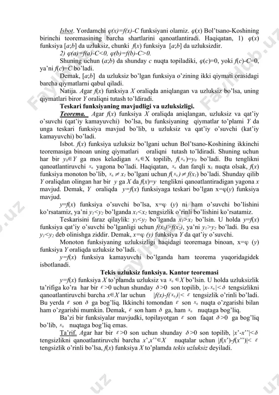 i (0;+) dan iborat bo’lgani uchun ax=b tenglama yagona yechimga ega. demak, har qanday musbat b son yagona logarifmga ega. y=logax funksiya logarifmik funksiya deb ataladi. logarifmning ta’rifiga binoan logarifmik funksiya ko’rsatkichli funksiyaga teskari funksiya bo’ladi. ko’rsatkichli funksiyaning xossalari asosida logarifmik funksiyaning ushbu xossalarini sanab o’tamiz. 1. y=logax logarifmik funksiyaning aniqlanish sohasi (0;+) dan, qiymatlar to’plami (- ;+ ) dan iborat, 2. y=logax funksiya a>1 da o’suvchi, a 0 bo’lsa, d(f)=[0;+ ), f(x)= bo’lsa, d(f)=(- ;0) (0;+ ), f(x)=xn bo’lib, n bo’lsa, d(f)=(- ;+ ). ( irratsional son bo’lsa, d(f)=(0;+ ) deb qaraladi. y=x( va d(y)=(0;+ ) deb, uning ushbu xossalarini sanab o’tamiz: 1. (>0 bo’lganda darajali funksiya o’suvchi, ( 0 bo’lganda darajali funksiya o’suvchi, (<0 bo’lganda kamayuvchi bo’ladi; 2. y=x( funksiya (0;+ ) da uzluksiz. lnx va ex funksiyalarning har biri uzluksiz bo’lgani uchun y=x( murakkab funksiya ham uzluksiz bo’ladi. adabiyotlar: 1) азларов. т., мансуров. х. “математик анализ” 1т: …