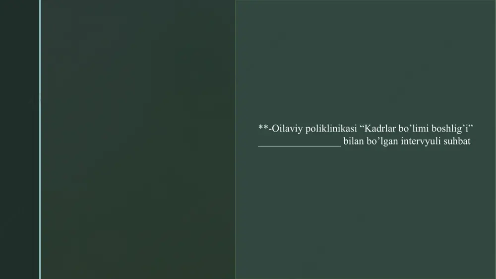 liyatni o'z zimmasiga olish qobiliyati, mantiqiy fikrlash va stressga qarshi chidamliligi kabi fazilatlari o‘lchangan psixometrik testlardan foydalaniladi. kasbiy testlar va amaliy topshiriqlar: shifokorlar, hamshira yoki boshqa tibbiy xodimlar uchun maxsus malaka va kasbiy testlar o'tkazilishi mumkin. misol uchun, tibbiy bilimlarni tekshirish, diagnostika ko'nikmalarini o'lchash. 3-personalning qoʻnimsizligini qanday bartaraf etasiz? (personalni qanday rejalashtirasiz) motivatsiya tizimi yaratish: moliya va rag‘batlantirish: xodimlarga munosib ish haqi, bonuslar, mukofotlar va rag‘batlantirish tizimlari orqali ularni ishga bo‘lgan sadoqatini oshirish. malakali shifokorlar, hamshiralar va boshqa tibbiy xodimlar uchun samarali va o‘z vaqtida to‘lov tizimini ta'minlash juda muhim. karyera o‘sish imkoniyatlari: xodimlarga o‘z karyerasini rivojlantirish imkoniyatlarini yaratish (masalan, yuqori lavozimlarga ko‘tarilish, malaka oshirish kurslari). bu ularga o‘zini rivojlantirish va ish joyida qolish uchun motivatsiya beradi. xodimlar bilan samarali kommunikatsiya o‘rnatish: muntazam uchrashuvlar va fikr almashish: poliklinikada xodimlar bilan muntazam ravishda yig‘ilishlar va fikr almashuvlarni tashkil etish. bu xodimlarning muammolarini tinglash, ularga kerakli yordamni ko‘rsatish va poliklinika faoliyatini takomillashtirish …