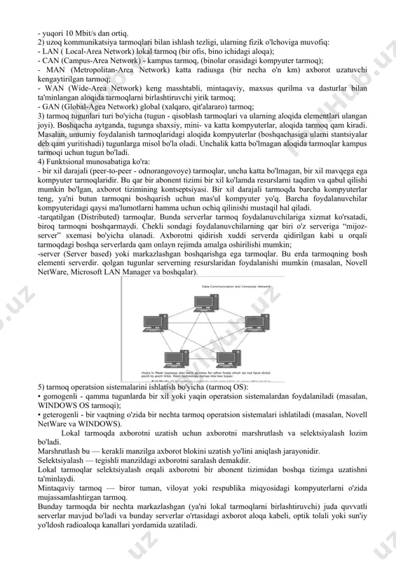 dan ortiq. 2) uzoq kommunikatsiya tarmoqlari bilan ishlash tezligi, ularning fizik o'lchoviga muvofiq: - lan ( local-area network) lokal tarmoq (bir ofis, bino ichidagi aloqa); - can (campus-area network) - kampus tarmoq, (binolar orasidagi kompyuter tarmoq); - man (metropolitan-area network) katta radiusga (bir necha o'n km) axborot uzatuvchi kengaytirilgan tarmoq; - wan (wide-area network) keng masshtabli, mintaqaviy, maxsus qurilma va dasturlar bilan ta'minlangan aloqida tarmoqlarni birlashtiruvchi yirik tarmoq; - gan (global-agea network) global (xalqaro, qit'alararo) tarmoq; 3) tarmoq tugunlari turi bo'yicha (tugun - qisoblash tarmoqlari va ularning aloqida elementlari ulangan joyi). boshqacha aytganda, tugunga shaxsiy, mini- va katta kompyuterlar, aloqida tarmoq qam kiradi. masalan, umumiy foydalanish tarmoqlaridagi aloqida kompyuterlar (boshqachasiga ularni stantsiyalar deb qam yuritishadi) tugunlarga misol bo'la oladi. unchalik katta bo'lmagan aloqida tarmoqlar kampus tarmoqi uchun tugun bo'ladi. 4) funktsional munosabatiga ko'ra: - bir xil darajali (peer-to-peer - odnorangovoye) tarmoqlar, uncha katta bo'lmagan, bir xil mavqega ega kompyuter tarmoqlaridir. …