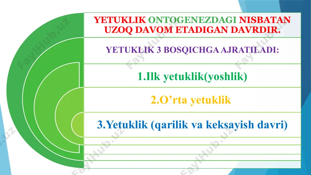 h davrlaridagi kabi mazkur davrda ham muayyan darajada inqiroz bo‘ladi. bu davrda inson qanday ishlarni amalga oshirishga, qaysi imkoniyatlardan foydalanmagani, ayrim xatolar, tushunmovchiliklar sababli, ko‘ngilsizliklar vujudga kelganini anglay boshlayli. u bundan keyingi hayotning har bir daqiqasidan unumli foydalanishga qaror qiladi. ayrim orzu istaklarini amalga oshirish uchun jismoniy va ruhiy imkoniyatlari etishmasligini anglash uning psixikasida «turg‘unlik» tuyg‘usini vujudga keltiradi. buning asosiy sababi 33-35 yoshlarda mnemologik-attension majmua tubdan qayta qurilishidir. yaxlit mnemologik markazning mnemik (xotira) va mantiqiy (tafakkur) qismlariga ajralishi ro‘y beradi. attensional holatning omillari saqlanib qoladi, lekin katta yoshdagi inson intellektida xotira va taffakur muhim o‘rin tutadi. psixofiziolog s.v.kravchkov ko‘zning farqlash sezgirligi yoshga qarab o‘zgarishini 40 yoshdan 80 yoshgacha bo‘lgan odamlarda tekshirib, sezgirlikning ortishi 25 yoshgacha, sezgirlikning barqarorlagshuvi 25-50 yoshgacha davom etishi mumkinlini aniqlagan. bu davrda erkak va ayollarning tafovutlari namayon bo‘ladi: jismoniy, jinsiy, ruhiy kamolotda ayollar ilgarilab kelgan bo‘lsalar, endi erkaklar oldinga o‘tib oladilar va bu hol inson umrining oxirigacha …