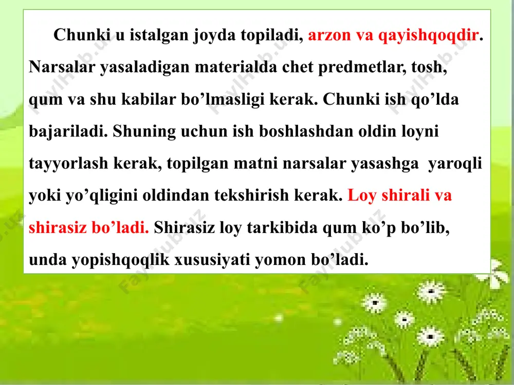 o‘ljallanganligi bilan tanishtirish: kiyim-kechak, turmush narsalariga va shu kabilar. 3. ishlatilishi (tikish, yamash, to‘qish iplari) va yo‘g‘on-ingichkaligiga ko‘ra farqlanadigan iplar bilan tanishtirish. 4.tikish va to‘qishda ishlatiladigan asosiy asboblar hamda moslamalar (nina, qaychi, angishvona, to‘g‘nog‘ich) va ularni saqlashning asosiy qoidalari bilan tanishtirish. 5. sanchiluvchan asbob va moslamalarni ishlatganda texnika xavfsizligi qoidalari bilan tanishtirish. tikish vaqtida to‘g‘ri o‘tirish qoidalari, gigiyena talablari. 6. kerakli uzunlikdagi ipni o‘lchash, uni qirqish yo‘llari bilan tanishtirish (ularni tishlab, tortib uzishga yo‘l qo‘ymaslik), lentani o‘lchash va qirqish. 7. ip va tolaga ishlov berish usullari bilan tanishtirish. 8. yo‘g‘on ip va toladan to‘qishga o‘rgatish. 9. ignaga ip o‘tkazish, tugun solish, ipni mustahkamlashni o‘rgatish. 10. “bahya chok” (biriktiruvchi va bezovchi) tushunchalari bilan tushuntirish. 11. oddiy andozalar tayyorlash. o‘qituvchi chizmasiga muvofiq to‘g‘ri burchak shaklidagi andozalar qilish. 12. gazlamani andozaga ko‘ra chamalash. 13. gazlamani qaychi bilan qirqish usullarini tanishtirish. 14. gazlamani qalam yoki bo‘r bilan belgilangan to‘g‘ri yoki egri chiziq bo‘ylab qaychida …