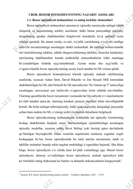 zimlarning boshqa shakllaridan farqlash zarur. markazlashgan rejalashtirishga asoslangan iqtisodiy modellar, xususan sobiq sovet ittifoqi yoki hozirgi qator davlatlarda qo‘llanilgan buyruqbozlik tizimi resurslar taqsimotini markaziy organlar orqali boshqargan bo‘lsa, bozor iqtisodiyotida bu rolni narxlar mexanizmi, talab va takliflar nisbatlari hamda erkin raqobat muhitidagi o‘zgarishlar bajaradi. shu bilan birga, bozor iqtisodiyoti o‘z ichida ham ko‘plab variantlarga ega: liberal bozor iqtisodiyoti, ijtimoiy yo‘naltirilgan bozor iqtisodiyoti, aralash iqtisodiyot kabi ko‘rinishlari uning funksional ko‘lamini va dinamik imkoniyatlarini kengaytiradi.[footnoteref:1] [1: xasanov b.x. bozor iqtisodiyotining nazariy asoslari. – toshkent: iqtisodiyot, 2021. – 272 b.] bozor iqtisodiyoti tarkibiy jihatdan bir nechta muhim komponentlardan iborat bo‘lib, ular birgalikda tizimning ishlashini ta’minlaydi. eng avvalo, bu erkin mulkchilik instituti bo‘lib, u iqtisodiy faoliyat yuritishdagi shaxsiy manfaat va tashabbusning asosiy manbaidir. mulk egasi o‘z resurslarini qanday va qayerda ishlatishni mustaqil belgilaydi, bu esa bozorni o‘zgaruvchan, innovatsion va raqobatbardosh qiladi. bunda shaxsiy mulk nafaqat ishlab chiqarish vositalariga egalikni, balki mulkni erkin tasarruf etish …