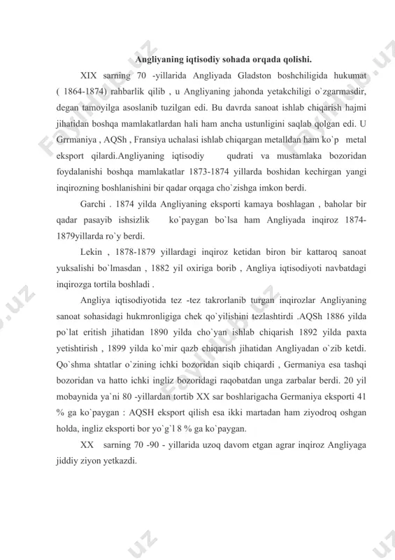 rt qilish esa ikki martadan ham ziyodroq oshgan holda, ingliz eksporti bor yo`g`l 8 % ga ko`paygan. xx sarning 70 -90 - yillarida uzoq davom etgan agrar inqiroz angliyaga jiddiy ziyon yetkazdi. buyuk britaniyaning mustamlakachilik siyosati . xix sardan boshlab angliya dunyoning barcha qifalarida juda katta hududlarni bosib oldi va ularning o`z mustamlakasiga aylantirdi. 1870 yillarda angliya mustamlakalarining aholisi 200 mln kishi bo`lgan bo`lsa , xix asr oxiriga kelib qariyeb 370 mln kishiga yetdi. bu davrda bosib olingan hudud 20 mln kv.km dan 33 mln.kv.km ga yetdi. mamla-katlardan keladigan daromadlar olinadigan foydaning katta qismini tashkil etardi. 70 - yillarda konservatorlar partiyasi mustamlaka yerlarini kengay tirishning asosiy vazifa deb e`lon qilindi . b . dizraelli boshchilik qilgan (1874-1880 y) konservatorlar hukumati osiyoda belujistonni bosib oldi va afg`onistonni bo`ysundirishga urindi . angliyaning maqsadlaridan biri turkmanistonga va o`rta osiyoning boshqa viloyatlariga suqilib kirish edi ammo uning niyatga rossiya to`sqinlik qilardi . angliya bilan …