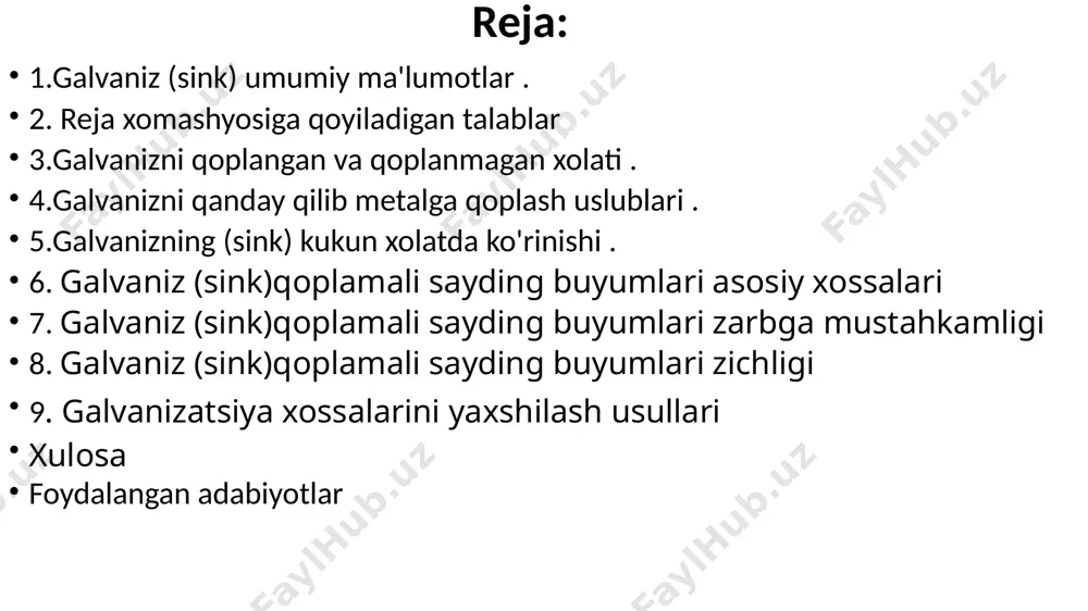plama hosil qiladi. • metall sovutiladi va tekshiriladi. 1. asosiy xossalari kimyoviy tarkibi – materialning barqarorligi va mustahkamligini ta’minlaydi. strukturaviy bir xillik – materialning fizik-mexanik xossalarini yaxshilaydi. namlik darajasi – optimal darajada bo‘lishi kerak, ortiqcha namlik deformatsiyaga olib kelishi mumkin. 2. aniqlash usullari laboratoriya sinovlari – zichlik, mustahkamlik va boshqa xossalarni aniqlash. mexanik sinovlar – bosim, cho‘zilish va egilish sinovlari orqali sifatni tekshirish. vizual baholash – yuzasi tekisligi va nuqsonlarning borligini aniqlash. 3. zichligi materialning zichligi uning mustahkamligini aniqlaydi. kam zichlik – yengillik va issiqlik izolatsiyasi uchun muhim. yuqori zichlik – mexanik yuklarga chidamlilikni oshiradi. 4. mustahkamligi yuk ko‘tarish qobiliyatiga bog‘liq. cho‘zilish, bosim va egilish kuchlariga bardosh berishi kerak. ishlatiladigan soha talablariga mos bo‘lishi lozim. 5. shovqinga chidamliligi material ovoz yutish xususiyatiga ega bo‘lishi kerak. akustik izolyatsiyani ta’minlashi lozim. muhandislik loyihalarida talab etiladigan darajada shovqinni kamaytirish xususiyatiga ega bo‘lishi zarur. bu talablar mahsulot sifatini oshirish va uning uzoq muddat ishlashini …