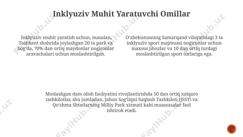 gi reabilitatsiya markazlarida aniqlangan. moslashuvchan rekreativ dasturlarni rejalashtirish va amalga oshirish farg'ona vodiysidagi 15 nafar nogiron bolalar uchun mo'ljallangan dasturda, ularning jismoniy va ruhiy imkoniyatlarini hisobga olgan holda, 7 xil faoliyat turlarini o'z ichiga olgan, 3 soat davom etadigan, xavfsizlik choralari bilan to'liq ta'minlangan dastur yaratish lozim. moslashuvchan rekreativ dasturlarni rejalashtirishda, 5-10 kishilik guruhlar uchun toshkent shahri atrofidagi 3 ta turli xil tabiiy joylarni tanlash, har bir joyning imkoniyatlarini va cheklovlarini 20% aniqlik bilan hisobga olish muhim. samarqanddagi tarixiy joylarga moslashtirilgan sayohat dasturida, 30 dan ortiq ishtirokchi uchun kamida 2 ta professional qo'llanma va 1 ta tibbiyot xodimini jalb qilish kerak, ularning har biri 5 yildan ortiq tajribaga ega bo'lishi shart. e'tiboringiz uchun rahmat @taqdimot_robot image1.png image2.png image3.png image4.png image5.png image6.png