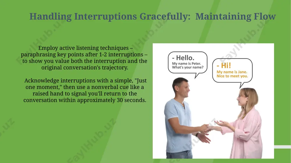 and inclusive conversation. avoid interrupting or dismissing others' contributions. allowing each participant approximately equal speaking time (e.g., 2-3 minutes) ensures balanced participation and prevents conversational dominance. the power of "how to": guiding conversations mastering "how to" inquiries allows for subtle control over the conversational flow, preventing tangents, and improving the efficiency of information exchange by up to 15%, based on studies in communication dynamics. "how to" questions, unlike "yes/no" queries, elicit detailed explanations, fostering deeper engagement and extending conversation length by a factor of 2-3 on average. conclusion: mastering the art of polite conversation remember the 70/30 rule: aim for 70% listening and 30% speaking to create a balanced, engaging dialogue fostering mutual respect and understanding between conversational partners. employing active listening techniques, like mirroring and summarizing (at least 3 times during a 10-minute conversation), demonstrates genuine engagement and respect, key components of effective communication. asking clarifying questions: showing genuine …
