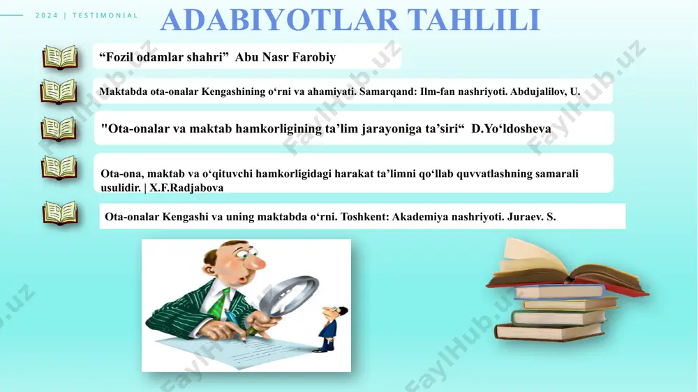 vchilar va ota-onalar uchun balki umumta’lim maktablari rahbarlari uchun ham foydalidir. chunki bunday hamjihatlik bilan tashkil etilgan hamkorlik maktab boshqaruvining shaffofligi, izchilligi va o‘zaro ishonchga asoslangan boshqaruvdir. maktabdagi barcha jarayonning kelishuv asosida olib borilishi nafaqat sifatli ta’lim, balki sog‘lom ijtimoiy ma’naviy muhitni yaratadi. ota-onalar kengashlarining to‘laqonli faoliyat yuritishlari boshqaruv jarayonini takomillashtirish va hamkorlik tarmoqlarini kengaytirsh choralari ko‘rilishi lozim. bu bilan biz vatan koriga yaraydigan , oila bilan birga ta’lim dargohini birdek qadrlaydigan yoshlar jamoasiga ega bo‘lamiz. ‹#› 2024 | testimonial 11 t/r muammo amalga oshirish mexanizmi mas’ullar muddati natija 1 ota-onalar kengashining meyoriy-huquqiy hujjatlar bilan tanish emasligi: ko‘plab maktablarda ota-onalar kengashi meyoriy-huquqiy hujjatlar bilan tanish emas. shuningdek, ota-onalar kengashi qarorlar qabul qilish jarayonida yetarlicha asos va tushunchaga ega emasligi kengashning ta'sirchanligini kamaytiradi. ota-onalar kengashining meyoriy-huquqiy hujjatlar bilan ishlash ko‘nikmasini rivojlantirish: ota-onalar kengashining vazifalari, huquqlari va ahamiyati haqida maxsus seminarlar o‘tkazilishi lozim. maktabni boshqarishda ota-onalarning rolini tushuntirish, ularga maktab ta’limini tashkil …