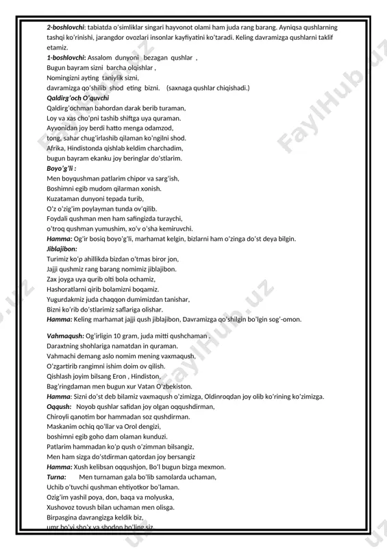 bo’laylik. o’rmon shohi arslonga arzimizni aytaylik. (barcha jonivorlar arslon yoniga borishadi) –( arslon o’quvchi) ho’sh jonvorlar kelinglar, nega mayus, xomushsiz? arzlaringizni so’ylanglar, birgalikda hal qilurmiz. - ( jayron qo’rqa pisa so’z boshlaydi hulkaroy) holimiz ne kechadi, bilmay qoldik biz shohim. kecha yo’qoldi bolam, ko’klarga yetdi ohim. mana bugun to’palon hamma jabr ko’rmoqda . shunday go’zal tabiat yo’qlik sari ketmoqda. (arslon bir nara tortadi) - bu qanday hol bedodlik, bu dahshat-ku yovuzlik. ularga qanday chora ko’rmoq kerak ekan-a. (biroz u yoq bu yoqqa yurib o’ylaydi) - men o’yladim men topdim, barchamiz har tarafdan, o’rab qurshab boramiz, gar bizga tashlansalar, biz ham hujum qilamiz. qani olg’a do’stlarim tabiat uchun kurashaylik. o’z haddini bilmagan yomonlar bilan olishaylik. (bir o’quvchi) - dupur dupur boshlandi kimning ko’zi yoshlandi. tabiatni horlagan insonlar ham ho’rlandi. ( odamlar kechirim so’rashadi)- kechir bizni dov daraxt, kechiring bizni hayvonlar. kechir ona tabiat, hazon bo’lgan maysalar. ( ular insonlarni kechirishadi va …