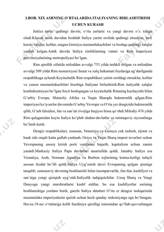 parvarlik, ilm-fan, kashfiyot va san’atga yangi qiziqish uyg’otdi.italiyalik tadqiqotchilar. uzoq sharq va yangi dunyoga yangi marshrutlarni kashf etdilar, bu esa kashfiyotlar asrining boshlanishiga yordam berdi, garchi italiya shtatlari o’rta er dengizi tashqarisida mustamlaka imperiyalarini qurish uchun hech qanday imkoniyatga ega bo’lmagan. havza.19-asr oʻrtalariga kelib sardiniya qirolligi tomonidan qoʻllab-quvvatlangan juzeppe garibaldi tomonidan italiyaning birlashishi italiya milliy davlatining barpo etilishiga olib keldi.[footnoteref:5] [5: italian magazines in malta during the 1800. italia:1998.17] 1861 yilda tashkil etilgan yangi italiya qirolligi tezda modernizatsiya qilindi va afrikaning bir qismini va o’rta er dengizi bo’yidagi mamlakatlarni nazorat qiluvchi mustamlaka imperiyasini qurdi.shu bilan birga, italiyaning janubi italyan diasporasidan kelib chiqqan holda qishloq va kambag’al bo’lib qoldi.birinchi jahon urushida italiya trento va triestni qoʻlga kiritish orqali birlashishni yakunladi va millatlar ligasi ijroiya kengashida doimiy oʻringa ega boʻldi.italiya millatchilari birinchi jahon urushini buzilgan g’alaba deb hisoblashdi, chunki italiya london shartnomasida va’da qilingan barcha hududlarga ega emas edi va bu kayfiyat …