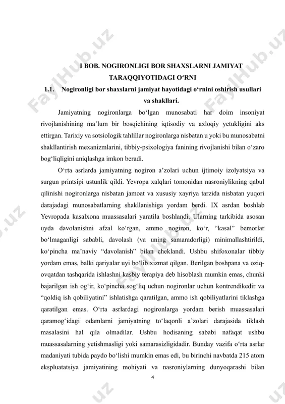 lanadi. zaif, zulmatli, azob chekkan odamlar, o‘zlarining diniy e’tiqodlariga asoslanib, azob-uqubatlari bilan samoviy baxtga loyiq bo‘lishlariga chin dildan ishonishgan. nogironning to‘laqonli fuqaro bo‘lishiga cherkov ham, davlat ham qiziqmasdi. xristianlarning ish tushunchasi sog‘liqni saqlash xizmatlarini rivojlantirishda bir xil darajada muhim omil bo‘lgan. mehnat qadrsizlanib, uning axloqiy, psixologik, ijtimoiy-iqtisodiy ahamiyati inobatga olinmadi. o‘rta asr sivilizatsiyasi doirasida restavratsi edi xizmatlari va usullari “shaxs” tushunchasining o‘zi rivojlanmaganligi sababli shakllana olmadi. o‘sha davrda nogiron shaxs o‘zi tomonidan emas (alohida ijtimoiy shaxs sifatida), balki ma’lum bir ijtimoiy guruhning elementlaridan biri sifatida hunarmandlar gildiyasi, qishloq jamoati, monastir birodarligi, oilaviy klan sifatida mavjud edi. o‘rta asr odami o‘zini bunday jamoadan to‘liq ajratmasdan va o‘zini shaxs sifatida anglamasdan, tabiiyki, uning shaxsiy tiklanishiga ishonishi mumkin emas edi. nogironlik shakllari juda boshqacha bo‘lishi mumkin. nogironlikka olib keladigan sog‘liqning ayrim holatlari insonning ahvolini yomonlashtiradi va tibbiy mutaxassislarning doimiy e’tiborini talab qiladi, boshqalari esa yo‘q. biroq, barcha nogironlar boshqalar kabi bir xil umumiy …