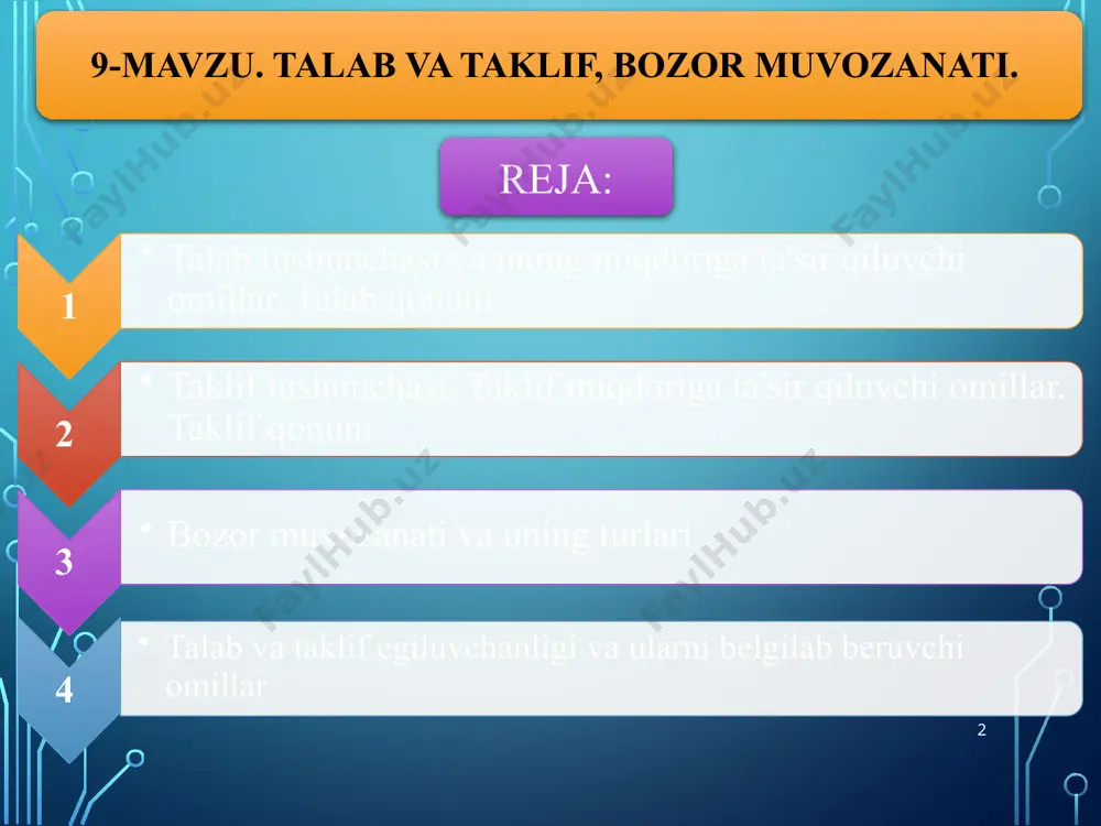 zmatga bo'lgan talablari yig'indisi bozor talabi deyiladi. talabning turkumlanishi ta'sir qilish omillariga ko'ra qondirilish darajasiga ko'ra ob'ektiga ko'ra ishlab chiqa-rish omil-lariga talab iste'-mol buyum-lariga talab haqi-qiy talab qon-dirilgan talab qon-diril-magan talab ekzogen (tashqi omillar ta'si- ridagi) talab endogen (ichki omillar ta'si- ridagi) talab yashirin talab joriy talab harakat-chan talab to'plangan talab 7 жорий талаб bir kilogramm kartoshka narxi (so'm) kartoshkaga bo'lgan yakka talab miqdori (bir oyda kilogramm) kartoshkaga bo'lgan bozor talabi miqdori (bir oyda tonna) 700 600 500 400 300 10 20 30 50 60 10 20 30 50 60 8 700 600 500 400 300 200 100 0 10 20 30 40 50 60 q, tonna d p, so'm narx va talab hajmining o'zgarishi o'rtasidagi teskari bog'liqlikni ko'rsatuvchi bu chiziq talab egri chizig'i deyiladi. 9 р d р d talab qonuni 9 tovar narxi va sotib olinadigan tovar miqdori o'zgarishi o'rtasida bo'ladigan teskari yoki qarama-qarshi bog'liqlik talab qonuni deyiladi. …