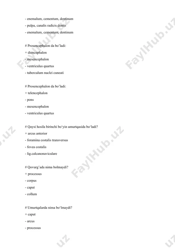 agi distal uchida joylashgan: + processus styloidens - processus coronoideus - incisura trochlearis - processus coronoideus # buyrak usti bezining po`stloq qismining qaysi sohasida glyukokortikoidlar ishlab chiqariladi? + zona fasciculata - zona glomerulosa - zona reticularis - hilum renalis # buyrak usti bezining po`stloq qismining qaysi sohasida mineralokortikoid – aldosteron ishlab chiqariladi? + zona glomerulosa - zona reticularis - hilum renalis - zona fasciculata # buyrak usti bezining qaysi qismida jinsiy gormonlar ishlab chiqariladi? + zona reticularis - hilum renalis - zona fasciculata - medulla glandula suprarenalis # langergans orolchalari me`da osti bezining qaysi qismida joylashgan? + cauda - caput - corpus - fundus # kurak suyagining qaysi qismida cavitas glenoidalis joylashadi? + angulus lateralis - angulus inferior - angulus superior - angulus medialis # burun bo’shlig’ining qaysi qismida g’ovak venoz chigali joylashgan? + concha nasalis inferior - concha nasalis media - regio olfactoria - regio respiratoria # plicae palmatae …