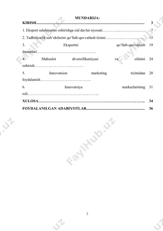 yatini oshirish, birinchidan, ishlab chiqarish va xizmatlar sohalarida yuqori qo‘shimcha qiymatga ega mahsulotlarni ishlab chiqarish, ikkinchidan esa, yangi bozorlarni izlash va mavjud bozorlar bilan savdo aloqalarini mustahkamlashni talab etadi. shunday qilib, eksport salohiyatini oshirish mamlakatning global iqtisodiyotga integratsiyasini kuchaytirish, yangi ish o‘rinlarini yaratish va mahalliy ishlab chiqaruvchilarning raqobatbardoshligini oshirish uchun zarurdir. shu bilan birga, o‘zbekistonning qishloq xo‘jaligi va sanoat mahsulotlarini eksport qilishda yuzaga kelayotgan muammolar va cheklovlar bartaraf etilishi kerak. bu jarayon, ayniqsa, eksportni rag‘batlantirish va unga yanada mustahkam iqtisodiy va moliyaviy asos yaratish bilan bog‘liq bo‘lgan harakatlar orqali amalga oshirilmoqda. prezident shavkat mirziyoyevning eksportni rivojlantirishga qaratilgan siyosati so‘nggi yillarda sezilarli darajada o‘zgardi. o‘zbekistonning eksport salohiyatini oshirishga qaratilgan bir nechta yangi farmonlar va qarorlar qabul qilindi. 2021-yilda[footnoteref:1] qabul qilingan prezident farmoni bilan eksportni rivojlantirish uchun milliy strategiya ishlab chiqildi. ushbu strategiya doirasida eksportchilarni qo‘llab-quvvatlash, ularni yangi bozorlar bilan tanishtirish, innovatsion texnologiyalarni joriy etish va ishlab chiqarishni modernizatsiya qilishga qaratilgan chora-tadbirlar …