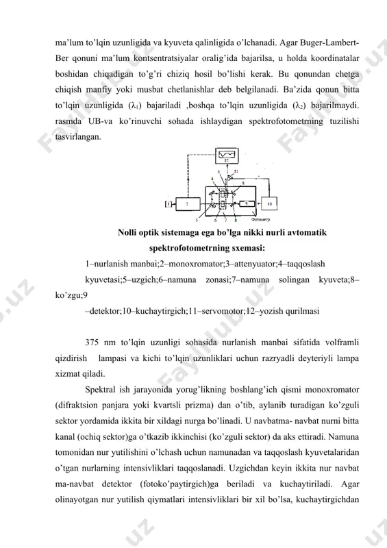 ydi, uni tor oraliq dachiziqli o’zgartirish mumkin. signal fazasiga qarab attenyuator xarakat ish unday boshqariladiki, namunadan o’tgan nurning intensivligi, taqqoslash nurining intensivligiga tenglashishi kerak bo’ladi. nurlarning intensivliklari tenglashganda signal bo’lmaydi, attenyuatorning xarakati tugaydi. attenyuatorning xolati namunaning nisbiy yutilish xarakteristikasi hisoblanadi: uning holatini raqamli moslamaga uzatilishi yutilish qiymatini ko’rsatadi. sf-2000 spektro fotometri– bir nurli spektrofotometr bo’lib, unda ub- va ko’rinuvchan kanallar alohida ishlaydi, bu o’zaro ta’sirlashuvning oldini oladi. fokusirovkaga ta’sir etadigan, spektral intervalni ajralishi va detektorlashga ta’sir qiladigan barcha elementlar, har bir kanallar uchun individual tarzda optimallashtirilgan. parametrlariga ko’ra sf-2000 spektrofotometri xorijiy shusinf uskunalaridan qolishmaydi. texnik xarakteristikalari: spektral diapazoni 200-1000 nm, o’lchash diapazoni – o’tkazish koeffitsientlari -1-125%, optikzichligi -0,1-0,2. optik zichlikni o’lchashda optik zichlik 1 ga teng bo’lganda fotometrik aniqlik 0,01 gateng. spektrofotometrda minimal nur tarqalish bilan nur o’tkazish xarakteristikalarini olish uchun kvarts qoplamali optik elementlar ishlatiladi.optik nur shunday fokuslanganki, kyuveta bo’linmasida nur faqat kyuvetaning pastki qismidan o’tadi, o’lchashlarni bajarish uchun …