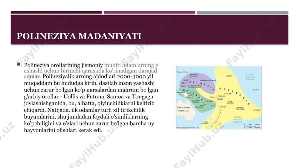 uningdek, rapa nui deb ataladi) saqlanib qolgan, ammo ko'pchilik ispan tilida ham gaplashadi. orolning kichik aholisining taxminan uchdan bir qismi chilidan. zamonaviy polineziya polineziya g'arb tasavvurida 200 yildan ko'proq vaqt davomida keng tarqalgan. ideallashtirilgan tasvirlar evropaliklar bilan birinchi aloqada bo'lgan paytdan boshlab butun dunyo bo'ylab tarqaldi : evropadagi odamlar lui-antuan de bugenvil (1771), kapitan jeyms kuk (1773) va boshqa tadqiqotchilarning hisobotlarini ishtiyoq bilan o'qishdi va rassomlar tomonidan yaratilgan rasmlarni ko'rishdi. ularga kim hamroh bo'lgan. ular nashr etilgan va keng tarqalgan gravyuralar uchun manba materialini taqdim etdi. zamonaviy polineziya tasavvur qilingan "jannat" ga bo'lgan bu hayrat fantastika ko'rinishida davom etdi, jumladan, herman melvilning " type" (1846) va omoo (1847) va robert lui stivensonning " tarixga izoh" kabi romanlari.(1892) va janubiy dengizlarda (1896) va tasviriy san'at, ayniqsa pol gogin . bu va boshqa san'atkorlar, shuningdek, sayyohlik ikonografiyasi, musiqiy filmlar va filmlar tomonidan yaratilgan, har qanday turdagi qattiq ekstremallardan xoli, go'zallik va tabiiy …