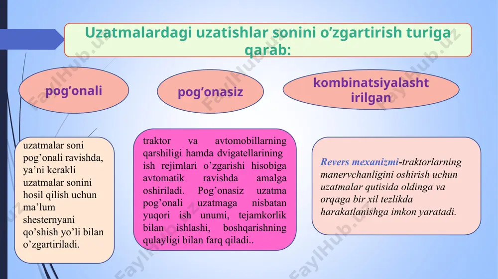 qiladi. bir va ikki bosqichli oxirgi uzatmalar mavjud bo’lib, bir bosqichli oxirgi uzatma uzatmalar soni 4-6 ta, ikki bosqichlida esa 8-12 ga atrofida bo’ladi tormozlar traktorlarni to’xtatish, burish mexanizmi esa traktorni burish uchun xizmat qiladi. a) 4-bosh uzatma; 5-oxirgi uzatma; 6-etaklovchi g’ildiraklar; 7-diffrentsial; 8-orqa quvvat olish vali; 9- yon qov. b) 4- bosh uzatma; 5-burilish mexanizmlari; 6-oxirgi uzatma; 7-etaklovchi yulduzchalar. oxirgi uzatma oxirgi uzatma -yulduzcha va yetakchi g’ildiraklarga burovchi momentni uzatib berish bilan birga kuch uzatmalar sonini oshirishga hizmat qiladi. oxirgi uzatma sxemasi: 1-yarim o’qlar korpusi; 2-yarim o’qlar; 3-etakchi shesternya; 4-differetsial; 5-etakchi g’ildiraklar; 6-etaklanuvchi shesternya; 7-korpus; 8-etakchi g’ildirak o’qi; 9-oxirgi uzatma korpusi planetar mexanizmi planetar mexanizmi harakat yo’nalishini o’zgartirish uchun, buriladigan tomon kuch uzatmasini yulduzchadan butunlay yoki qisman ajratadi. zanjirli traktorlarni planetar burish mexanizmi sxemasi: a,b -planetar burish mexanizmining ko’rinishii va sxemasi; 1-etaklovchi shesternya; 2,4-tormoz barabanlari; 3-prujina; 5-val; 6-bosh uzatmaning yetaklanuvchi shesternyasi; 7-parazit shesternya; 8-quyosh shesternyasi; 9-etaklovchi; 10-satellit; 11-bosh uzatma-ning …
