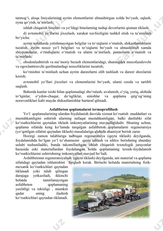 ni tiklash yoki qayta qurish, ko‘chma plitalarini qisman almashtirish yoki ularning xolatini tuzatish; ko‘prik ko‘tarma bilan tutashgan zonada 10 santimetrgacha cho‘kishlarni tuzatish xamda oqishni to‘xtatgan xolda suv o‘yib ketgan joylarni tuzatish, panjaralar va to‘siqlarni, shuningdek yoritish ustunlarini yaxlit bo‘yash, ko‘prik inshooti konstruksiyasiga tegishli yo‘l belgilarini chizish; temir-beton konstruksiyalarning nuqsonlarini yo‘qotish, shu jumladan yuzani gidrofoblash, plitalarning g‘ovak, siniq va yoriq joylarini tuzatish, teshiklarini berkitish, diafragmalarning yemirilishlarini tuzatish, bo‘ylama choklarni yaxlitlash, oraliq qurilmalarni yaxlit bo‘yash; qoplamalar va to‘shamani qisman almashtirish, suv chiqarish quvurlari va novlarni almashtirish, ko‘prik ko‘tarmasi qismidagi izolyatsiyani tiklash, ko‘prikda va unga borish joylarida suv chiqarish tizimini tiklash, buzilgan choklarni tuzatish yoki almashtirish, yo‘lkalar, panjaralarni kuchaytirish yoki almashtirish, to‘siqlar o‘rnatish yoki ularni almashtirish; telekuzatish, yoritish, ventilyatsiya, isitish, yong‘inni avtomatik o‘chirish, aloqa, kichik stansiya, tonnellarning elektr uzatish va suv ketkazish liniyalari (shu jumladan, sementatsiya) tizimining ishdan chiqqan ayrim elementlarini ta’mirlash va almashtirish; g) binolar va yordamchi inshootlar bo‘yicha: devorlar va qoplamalar …