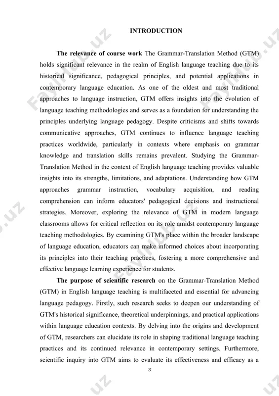 t of english language teaching. this traditional approach emphasizes grammar instruction and translation activities as primary means of language learning. the subject delves into the historical evolution of gtm, its theoretical foundations, and practical applications in language education. through critical examination of gtm principles, instructional strategies, and learning outcomes, the coursework aims to provide insights into its effectiveness and relevance in modern language teaching contexts. additionally, the coursework investigates the strengths and limitations of gtm, its impact on learners' language proficiency, and its alignment with contemporary language teaching methodologies. by comprehensively analyzing the gtm within english language teaching, the coursework seeks to inform pedagogical practices, foster informed decision-making among educators, and contribute to ongoing discourse in language education. the theory of course paper the introduction to the topic of the grammar-translation method (gtm) in english language teaching provides a comprehensive overview of this traditional approach to language instruction. it explores …