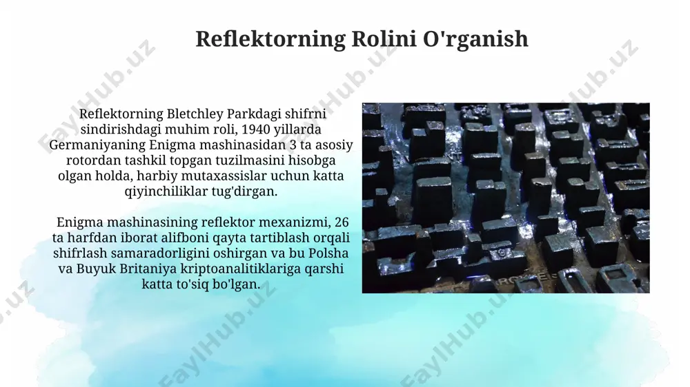 ulardagi simlarning ulanishiga oid statistik tahlillar 1940-yillardagi bletchley parkdagi ishlarda muhim rol o'ynaganini ko'rsatadi. polsha kripotologlarining hisasi polsha kriptologlarining hissasini inobatga olgan holda, 1939-yilda britaniya kriptoanalitik markazi bletchley parkga enigma mashinasining ishlash mexanizmi va zaif tomonlari haqidagi muhim ma'lumotlar o'tkazildi, bu esa ikkinchi jahon urushida muhim rol o'ynadi. byuro shifrlarida ishlaydigan polsha kriptologlari, varshava yaqinidagi pyxov shahrida 1930-yillarning boshlarida enigma shifrini sindirish ustida ishlaganlar va nemislarning harbiy aloqalarini dekodlashda muhim yutuqlarga erishganlar. bletchley park va ikkinchi jahon urushidagi rol ikkinchi jahon urushi davrida bletchley parkdagi ish germaniyaning dengiz flotining harakatlarini bashorat qilish imkonini berdi, bu esa atlantika janglarida muhim rol o'ynadi va ittifoqchilarning g'alabasi uchun 2 yilgacha vaqt tejashga yordam berdi. bletchley parkda 10 mingdan ortiq kriptoanalitik va lingvistlar ishlagan, ular enigma kodlarini sindirish uchun kompleks matematik usullar va maxsus qurilmalar, masalan, "bomba" mashinasidan foydalanishgan. enigma shifrlarini yechishda qo'llanilgan texnikalar britaniyalik bletchley parkda joylashgan kod sindirish mutaxassislari, enigma shifrlarini yechishda …