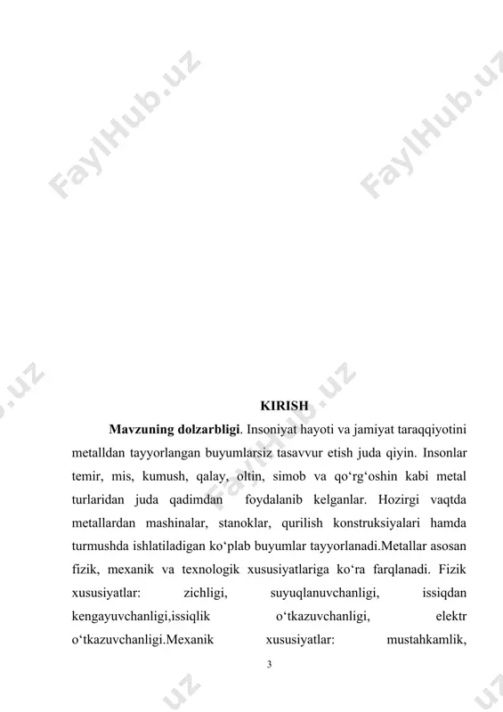 lik qobiliyati bilan belgilanadi. agar po‘lat plastinka ustiga qo‘yilgan kernerga bolg‘a bilan urilsa, plastinkada kichkinagana chuqurcha hosil bo‘ladi. bordi-yu, bu ish mis plasginka bilan qilinsa, chuqurcha kattaroq bo‘ladi. bundani pulat misga nisbatan qattiqligini anglash mumkin. agar metall tashqi kuch ta’sirida o‘z shaklini o‘zgartirsa-yu sinmasa, uni plastik metall deyiladi. metallning mana shu xossasidan uni tekislashda, bukishda, yoyishda va shtampovkalashda keng foydalaniladi. metallning kuch ta’siridan keyin yana o‘z holatiga qaytishi uning egiluvchanligini bildiradi. po‘latdan va misdan tayyorlangan prujinalarni bir paytda tortib va qo‘yib yuborib ko‘ring. bunda po‘lat prujina yana o‘z holatiga kelishini, mis prujina esa cho‘zilganicha qolishini ko‘rasiz. demak, po‘lat misga nisbatan bukiluvchan ekan. qayishqoqlik — metallning ortib boradigan kuchlarga qarshilik ko‘rsatish qobiliyatidir. masalan, cho‘yan plitaga bolga bilan urilsa, u sinadi. cho‘yan mo‘rt metalldir. kurs ishining maqsadi - talabalarni boshlang’ich sinflarda texnologiya fanining mazmuni va vazifalari, o’qitish usullari, ta’limiy vositalar bilan tanishtirish va ularni ta’lim jarayoniga tadbiq etish bo’yicha bilim, ko’nikma va …