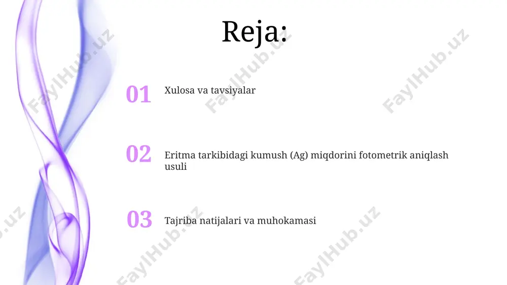 cha 5 ta patentli texnologiyalar tekshirildi. kumush (ag) ning fotometrik aniqlash usullari bo'yicha 10 dan ortiq ilmiy maqolalar tahlil qilindi, bunda 0,1-10 ppm oralig'idagi konsentratsiyalarda aniqlik darajalari o'rganildi. olingan natijalarni qayta ishlash natijalarni ishonchlilik darajasini oshirish uchun t-kriteriysi yordamida statistik tahlil o'tkaziladi va 95% ishonch oralig'i hisoblanadi, bu esa 0.01 mg/l oralig'ida bo'lishi kerak. olingan spektrofotometrik o'lchovlar natijalari excel yordamida 0,001-0,1 mg/l oralig'idagi standart kumush eritmalari kalibrlash egri chizig'i bilan solishtirib tahlil qilinadi va ag miqdori aniqlanadi. tajriba natijalarining tahlili va muhokamasi eritma namunalarida olingan natijalar standart deviatsiya qiymati 0,02 ppm atrofida boʻlib, uslubning takrorlanuvchanligini va ishonchliligini tasdiqlaydi. tajriba natijalari ag konsentratsiyasi 0,1-10 ppm oraligʻida chiziqli bogʻliqlikni koʻrsatdi, r² qiymati 0,99 dan yuqori boʻldi, bu usulning yuqori aniqligidan dalolat beradi. tajriba o'tkazish tartibi analitik tarozida 0.2-0.5 gramm eritma namunasi aniq o'lchanadi va 100 ml'lik o'lchov kolbasida distillangan suvda eritiladi, keyin esa standartlashtirilgan eritma bilan titrlash amalga oshiriladi. eritma namunasi 0,1 …