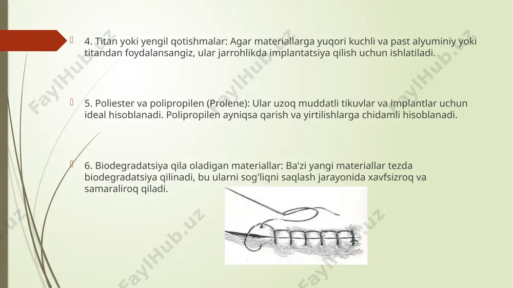 i. 5. 3d bosilgan tikuv materiallari: individual ehtiyojlarga moslashtirilgan, to‘qimalar bilan mukammal moslashadi. tikuv materiallarining qo‘llanilishi bo‘yicha sohalar 1. teri jarrohligi: tashqi ko‘rinishni muhim hisobga oladigan jarrohlik amaliyotlarida ishlatiladigan tikuvlar ko‘pincha nozik va minimal iz qoldiruvchi bo‘ladi. 2. ichki organlar jarrohligi: ichaklar, yurak, jigar kabi organlar uchun yuqori moslikka ega materiallar kerak. masalan, poliglaktin yoki polidioksanon ishlatiladi. 3. travmatologiya va ortopediya: suvga chidamli, mustahkam iplar yoki shtapllar qo‘llaniladi. 4. plastik va kosmetik jarrohlik: minimal iz qoldiruvchi materiallar ishlatiladi, masalan, monofilament yoki biologik yopishqoq moddalar. afzalliklari va kamchiliklari xulosa: zamonaviy tikuv materiallari jarrohlarga keng imkoniyatlar yaratib, turli jarrohlik amaliyotlarini samarali va xavfsiz bajarishga yordam bermoqda. tikuv materialini to‘g‘ri tanlash shifo jarayonini tezlashtiradi va bemor salomatligini yaxshilaydi. foydalanilgan adabiyotlar: ò.o. oripov internet material:mymedik.ru image1.jpeg image2.jpeg image3.jpeg image4.jpeg /docprops/thumbnail.jpeg