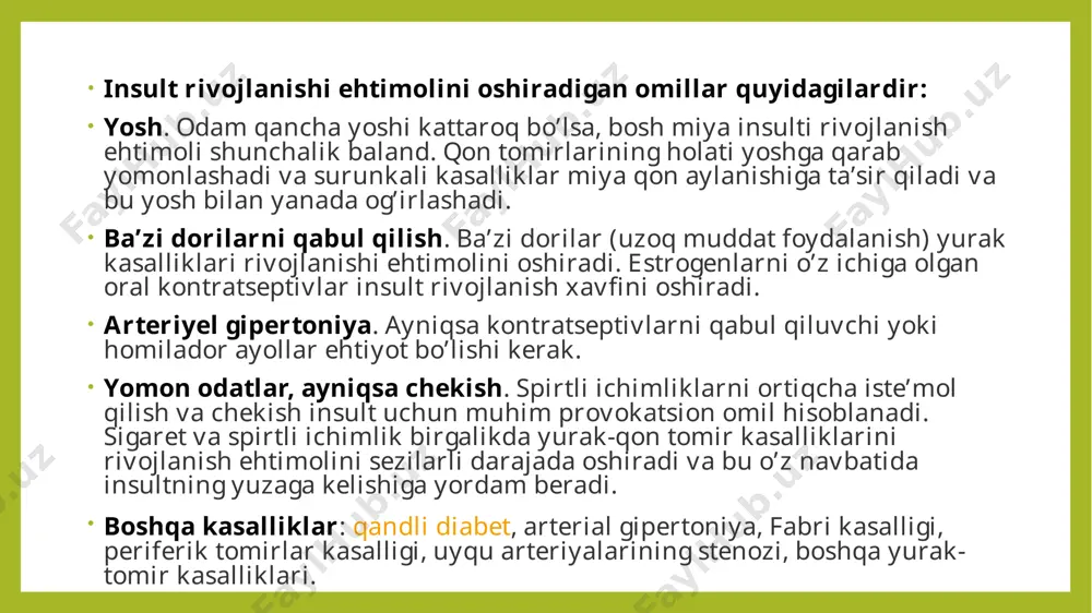 m qiyshiq bo’lishi, lablarning bir burchagi yuqoriga emas, balki pastga qarab qolishi mumkin. gapirish — oddiy gaplarni talaffuz qilish, masalan «ko’chada havo iliq, oftob charaqlab turibdi». patolofiyada ko’pincha (biroq doimo emas) talaffuz buzilgan bo’ladi. qo’llarni ko’tarish — agar ikki qo’l bir xilda ko’tarlimasa, bu belgi kasallikka ishora qilishi mumkin. insultni davolash usullari insultni umumterapevtik davolash yurak-qon tomir tizimini normallashtirish, nafas olish funksiyasini tiklash, miya shishini kamaytirish, shuningdek, qaytalanishini oldini olish va asoratlarini tuzatishga qaratilgan. ishemik insultda qon aylanishi va shikastlangan hudud antiagregant, antikoagulyant, neyroprotektor (kavinton va boshqalar) va nootrop (pikamilon) preparatlar orqali tiklanadi. zarur bo’lsa, xirurgik davolash amalga oshiriladi. miyaning normal faoliyati antioksidantlar, vitaminlar va to’qimalarda modda almashinuvini (metabolizm) yaxshilash uchun dorilar orqali qo’llab-quvvatlanadi. gemorragik insultda angioprotektorlar, vazoaktiv dorilar tayinlandi. gemorragik insultni davolashda eng samarali usul jarrohlik aralashuvi hisoblanadi. oqibatlari insult uzoq muddatli komaga, falajlikka yoki tananing muayyan qismlari mushaklarining pareziga olib kelishi mumkin. insult aql va xotirani yo’qotishga olib …