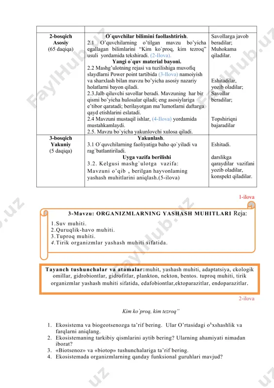 qiqa) o`quvchilar bilimini faollashtirish. 2.1 o’quvchilarning o’tilgan mavzu bo’yicha egallagan bilimlarini “kim ko`proq, kim tezroq” usuli yordamida tekshiradi. (2-ilova). yangi o`quv material bayoni. 2.2 mashg’ulotning rejasi va tuzilishiga muvofiq slaydlarni power point tartibida (3-ilova) namoiyish va sharxlash bilan mavzu bo’yicha asosiy nazariy holatlarni bayon qiladi. 2.3.jalb qiluvchi savollar beradi. mavzuning har bir qismi bo’yicha hulosalar qiladi; eng asosiylariga e’tibor qaratadi; berilayotgan ma’lumotlarni daftarga qayd etishlarini eslatadi. 2.4 mavzuni mustaqil ishlar, (4-ilova) yordamida mustahkamlaydi. 2.5. mavzu bo`yicha yakunlovchi xulosa qiladi. savollarga javob beradilar; muhokama qiladilar. eshitadilar, yozib oladilar; savollar beradilar; topshiriqni bajaradilar 3-bosqich yakuniy (5 daqiqa) yakunlash. 3.1 o`quvchilarning faoliyatiga baho qo`yiladi va rag`batlantiriladi. uyga vazifa berilishi 3.2. kelgusi mashg`ulotga vazifa: mavzuni o’qib , berilgan hayvonlaming yashash muhitlarini aniqlash.(5-ilova) eshitadi. darslikga qaraydilar vazifani yozib oladilar, konspekt qiladilar. 1-ilova 3-mavzu: organizmlarning yashash muhitlari reja: 1.suv muhiti. 2.quruqlik-havo muhiti. 3.tuproq muhiti. 4.tirik organizmlar yashash muhiti sifatida. tayanch tushunchalar va atamalar:muhit, yashash muhiti, adaptatsiya, …