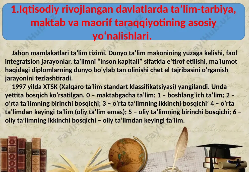 boshlab estetik tarbiyaga, san’atga alohida e’tibor beriladi. amerika davlat maktablarining yuqori sinflaridagi o‘qish-o‘qitish tizimi biznikidan tubdan farq qiladi. yuqori sinflardagi har bir o‘quvchiga alohida o‘qituvchi-murabbiy biriktiriladi. u shu o‘quvchining qobiliyati, qiziqishlarini sinchiklab o‘rganib, faqat shu o‘quvchiga uchun alohida reja tuzib, uning o‘qishiga rahbarlik qiladi. masalan, 9-sinf o‘quvchisi bir fandan, deylik, kimyodan kuchli bo‘lsayu, chet tilidan oqsasa, bu o‘quvchiga 9-sinfda o‘ninchi sinf rejasi bo‘yicha kimyoni o‘rganishga ruxsat etiladi. kimyodan yoki matematika, biologiya, fizika va boshqa tabiiy fanlardan maktab rejasini muddatidan oldin tugatgan, barcha kontrol ishlarini topshirgan o‘quvchiga maktabda o‘qib yurgan vaqtidayoq shu fanlar bo‘yicha o‘zi kirmoqchi bolgan kollejning birinchi kursi imtihonlarini ham topshirishiga imkoniyat yaratiladi. amerikaning yuqori maktablarida shunday o‘qituvchilar borki, ular kollejlarning birinchi kurslarida o‘qitiladigan ma’lum fanlardan dars berishlari hamda imtihon olishlari shart. amerika maktablarida bitirish imtihonlari yo‘q. oliy o‘quv yurtlariga kirish uchun bizdagidek kirish imtihonlari olinmaydi. biroq har bir abiturient oliy o‘quv yurtiga kirish uchun matematika va ingliz tilidan …