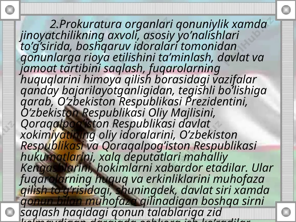 qilish; v) sudlarda ishlarni ko’rib chikish paytida ishti’rok etish va sud ishlari to’g’risidagi qonunlarni bajarilishini nazoran qilish; g) gauptvaxtalar, shuningdek xibsga olinganlarni va qamalgan xarbiy quruvchilarni saqlashning boshqa muassasalarida, intizomiy kismlar’da xamda xarbiy kismlarda xarbiy sudlar belgilangan jazolarni o’tashda qonunlar va xarbiy nozomlarga amal qilishni nazorat qilish. o’zbekiston respublikasi prokraturasiga o’zbekiston respublikasi bosh prokrori boshchilik qiladi. u o’zbekiston respublikasi prezidenti tayinlanadigan va ozod etiladigan, keyin o’zbekiston respublikasi oliy majlisi senati tasdig’idan o’tadigan birinchi o’rinbosariga, o’rinbosarlariga ega. o’zbekiston respublikasi bosh prokurori o’z o’rinbosarlari o’rtasida vazifalarni taqsimlaydi. o’zbekiston respublikasi prokuraturasida bosh prokuror (rais), uning birinchi o’rinbasari, o’rinbosarlari, qoraqalpog’iston respublikasi prokurori, o’zbekiston respublikasining xarbiy prokurori, prokuratura idoralarining boshqa raxbar xodimlaridan iborat tarkibda xay’at tuziladi. xay’atning shaxsiy tarkibining o’zbekiston respublikasi prezidenti tasdiqlaydi. qonunchilikni mustaxkamlash faoliyatini muvofiqlashtirish bir necha bosqichga ega va turli organlar tomonidan tashkil etiladi. bunday muvofiqlashtirishning eng yuqori va keng miqyosli bosqichi oliy majlis va o’zbekiston respublikasi prezidentining raxbarligida amalga oshiriladi. 3.xuquqni …