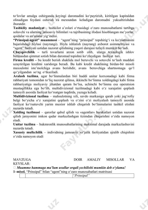 arning ishlatuvchi tashkilotdir. mulk egasining tavsifiga ko‘ra qo‘yidagi turdagi firmalar mavjud: davlat, xususiy tadbirkorlik va kapitalistik firmalar, xar bir ochiq xolda ular xo‘jalik faoliyatining asosiy maqsadi - qoldiq daromad mulk egasining, barcha to‘lovlar amalga oshirganda keyingi daromadini ko‘paytirish, kiritilgan kapitaldan olinadigan foydani oshirish va mexnatdan keladigan daromadni yuksaltirishdan iboratdir. tashkiliy madaniyat – tashkilot a’zolari o‘rtasidagi o‘zaro munosabatlarni tartibga soluvchi va ularning jamoaviy bilimlari va tajribasining ifodasi hisoblangan me’yorlar, qoidalar va an’analar yig‘indisi. “prinsipal-agent” muammosi – “agent”ning “prinsipal” topshirig‘i va ko‘rsatmasini bajarishdagi hiylasi (nayrangi). hiyla ishlatish (nayrang) axborot asimmetriyasi va “agent” faoliyati ustidan nazorat qilishning yuqori darajasi tufayli mumkin bo‘ladi. chayqovchilik – turli tovarlarni arzon sotib olib, ularga texnologik ishlov bermasdan qimmat sotish bilan daromad topishni ko‘zlaydigan faoliyat turi. firma krediti – bu kredit berish shaklida mol beruvchi va sotuvchi to‘lash muddati uzaytirilgan kreditni xaridorga beradi. bu kabi kredit shaklining birdan-bir misoli maxsulotni iste’molchiga avans berishdir, avans beruvchiga shartnomaga qo‘l qo‘yilgandan …