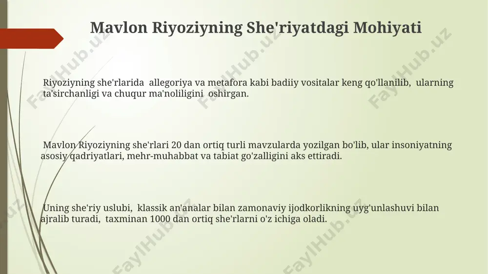 gi, ya'ni psixologik, ijtimoiy va falsafiy jihatlarning chuqur tahlili orqali 5 dan ortiq qahramonlarning murakkab fe'l-atvorini aks ettirish kuzatiladi. uning she'riy asarlarida badiiy vositalar, jumladan, 10 dan ziyod turdagi metafora va allegoriya orqali ma'no boyligi va estetik ta'sir kuchini oshirish ustunlik qiladi. riyoziyning nasriy asarlarida syujetning dinamik rivojlanishi, har bir bobda o'rtacha 2-3 ta kulminatsion nuqtalarning mavjudligi asarlarning qiziqarliligini ta'minlaydi. tilning mo''jizasi: mavlon riyoziyning uslubi mavlon riyoziyning asarlarida 50 dan ortiq turli xil sheʼriy shakllar va uslubiy jihatlarni kuzatish mumkin, bu uning tilga bo'lgan ajoyib nazoratini ko'rsatadi. riyoziyning uslubi o'ziga xos ritm va ohangga ega bo'lib, 70% dan ortiq she'rlarida ijodiy tasvirlar va chuqur ma'noli iboralar uchraydi. uning ijodi 2000 dan ziyod baytlarni o'z ichiga oladi, bu boy lug'at zahirasi va metafora, allegoriya kabi badiiy vositalardan mohirlik bilan foydalanishini tasdiqlaydi. e'tiboringiz uchun rahmat @taqdimot_robot