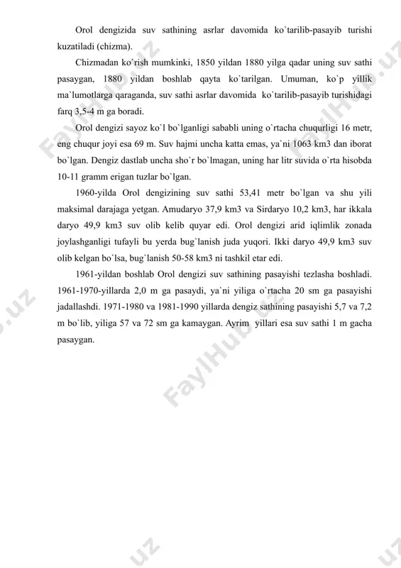 lashtirib, o`lkaning barcha suv resurslaridan foydalanish va yangi turkistonni tashkil qilish ” deb hisoblagan. 1929 yilda f.p.morgunenkov amudaryo va sirdaryo havzasida sug`oriladigan maydonlar 3,5 mln. ga yetsa, dengiz hajmi 80 % ga, maydoni 68 dan 30 ming km2 kamayadi degan xulosaga keladi. orol dengizi o`rta osiyoning yog`in eng kam yog`adigan qoraqum, qizilqum, ustyurt, katta bo`rsiq va kichik bo`rsiq cho`llari oralig`ida, o`zbekiston va qozog`iston hududida 43030/ va 46050/ shimoliy kengliklar orasida joylashgan. u xx asrning 60-yillarigacha suv yuzasi maydonining kattaligi jihatidan o`rta osiyoda birinchi, dunyo bo`yicha esa kaspiy dengizi, shimoliy amerikadagi yuqori ko`l, afrikadagi viktoriya ko`llaridan so`ng to`rtinchi o`rinda turgan. maydoni orollari bilan birga 66458 kv. km, uzunligi 428 km, eni 284 km, qirg`oq chizig`ining aylanasi 3238 km, bo`lgan. orol dengizida umumiy maydoni 2345 kv. km ga teng bo`lgan 313 ta katta-kichik orollar bo`lgan. orol dengizi oqmas berk ko`l bo`lib, faqat unga ikki daryo – amudaryo va sirdaryo quyiladi, undan suv …