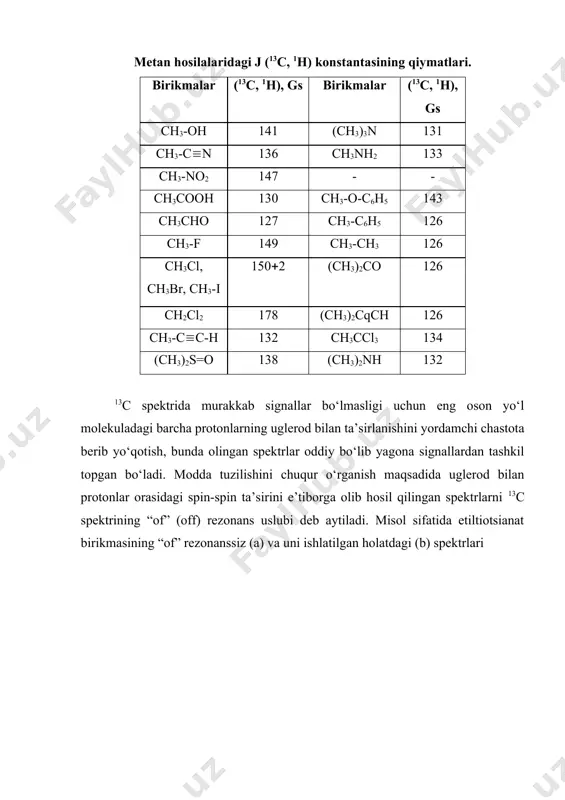 intensivligi yaxshi bo‘lgan signallarni ajratib olinib ularni o‘rganishga imkoniyat yaratiladi. · 13c spektrometrida uglerod izotopining miqdori kamligi spektr olishda pmr spektriga nisbatan namuna ko’proq olish talab etiladi. miqdor kam bo’lganda signalning intensivligini asbobning shovqini bilan adashtirib yuborish mumkin. bunday hollarda intensivligi yuqori signal olish uchun fur’e almashtirgichidan foydalaniladi. fur’e almashtirgichi zamirida ehm yotadi. mavzu yuzasidan test topshiriqlari: 1. yamr spektrlarda signal o’rnini belgilash uchun necha xil shkala qabul qilingan? a) 2 b) 3 c) 4 d) 5 2. 13c spektrometri siljish masofasi qancha? a) 0-250 m.u b) 100-150 m.u c) 70-100m.u d) 0-100 m.u 3. yamr spektr nechta kattalik (parametr) bilan tavsiflanadi. a) 3 b) 2 c) 4 d) 5 4. nechanchi yilda luterbur 13c spektrometri orqali spektrlarni olgan? a)1957 b)1960 c)1990 d)2000 5. yamr-spektori qaysi parametrlar bilan tavsiflanadi? 1. signal o’rni yoki kimyoviy siljish 2.signallar soni va ularning intensivligi 2. signallarning ajralib ketishi a) 1,2,3 b) 2,3 c) 1,3 …