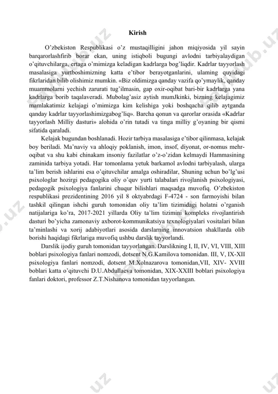 hbarlari hamda o’quvchilar ham qatnashishlari shart. natijalar tahlili. anketa bo’yicha olingan ma’lumotlar quyidagicha baholanadi; “a” javobi- 10 ball; “b” javobi- 5 ball; “v” javobi- 1 ball; barcha javoblar bo’yicha natijalar yig’indisi hisoblanib, 18 ga bo’linadi va bola shaxsi kommunikativ xususiyatlari, shaxslararo munosabatlar rivojlanish darajasining o’rtacha ko’rsatkichlari baholanadi. agar ota-onalaming baholari o’qituvchi va tarbiyachilar bilan mos kelsa, bolada baholanayotgan sifatlaming mavjudligi haqida xulosa hosil qilish mumkin. agar 3ta ekspertdan faqat 2 tasining baholari mos kelsa, bolada ushbu sifatlar yetarli darajada rivojlanganligi haqida xulosa chiqarish mumkin. agar ekspertlar baholari umuman bir-biriga to’g’ri kelmasa, bolalarda ushbu sifatlaming mavjud yoki mavjud emasligi haqida qo’shimcha maxsus tekshiriluvsiz xulosa chiqarish mumkin emas. suhbat metodi. suhbat - bevosita muloqot jarayonida o’quvchilar psixik xususiyatlarini aniqlash metodikasi bo’lib, o’qituvchi oldindan tayyorlab qo’ygan hiivol iisosida o’zi uchun kerakli bo’lgan informatsiyani olish imkoniga ega. siilihal metodikasi yordamida inson xarakteri xususiyatlari, xatti-harakati molivimi, liayotining turli tomonlariga uning bahosi, biografiyasining asosiy faktlari vii …