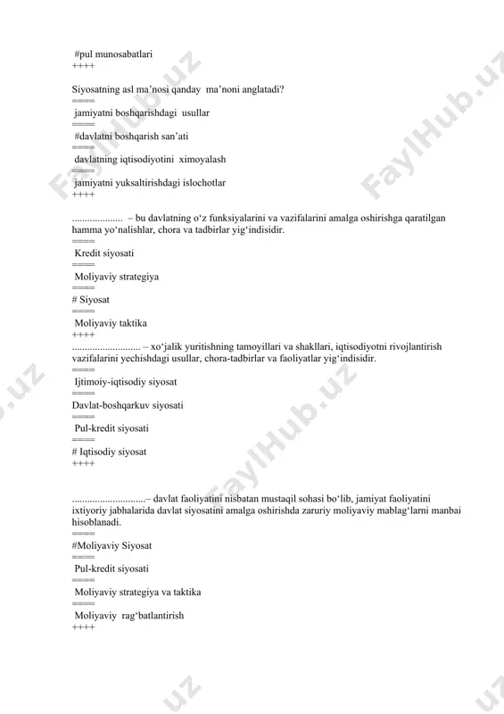 ti; kredit siyosati; baho siyosati; investitsion siyosat; ijtimoiy moliyaviy siyosat; boj siyosati. ++++ moliyaviy mexanizmining tarkibiy qismlari nimalardan iborat? ==== # moliyaviy rejalashtirish va prognozlash, moliyaviy dastaklar va rag‘batlantirish vositalari, moliyaviy boshqarish. ==== moliyaviy siyosat, kredit siyosati, moliyaviy taktika ==== moliyaviy rejalashtirish, moliyaviy dastaklar va rag‘batlantirish vositalari, ==== moliyaviy rejalashtirish, siyosiy dastaklar va rag‘batlantirish vositalari, moliyaviy boshqarish. ++++ .......................... bozor iqtisodiyoti sharoitida, iqtisodiyotni, butun xalq xo‘jaligini rivojlanishiga davlat orqali ta’sir etadigan muhim iqtisodiy dastakdir. ==== ijtimoiy-moliyaviy siyosati; ==== pul-kredit siyosati; ==== soliq siyosati; ==== #byudjet-soliq siyosati; ++++ ............................. - monopol tovar va xizmatlar bahosi va tarifining korrektivka qilinishi (o‘zgartirilishi) orqali ifodalanadi. ==== kredit siyosati; ==== # baho siyosati; ==== byudjet siyosati; ==== soliq siyosati; ++++ ................................ – taqsimot va qayta taqsimot munosabatlarining keng tizimini amalga oshirish, daromad va jamg‘armalarni tashkil qilish, markazlashgan va markazlashmagan pul fondlarini tuzishni ta’minlovchi shakl va usullar majmuidir. ==== # moliya mexanizmi ==== byudjet-soliq mexanizmi ==== …