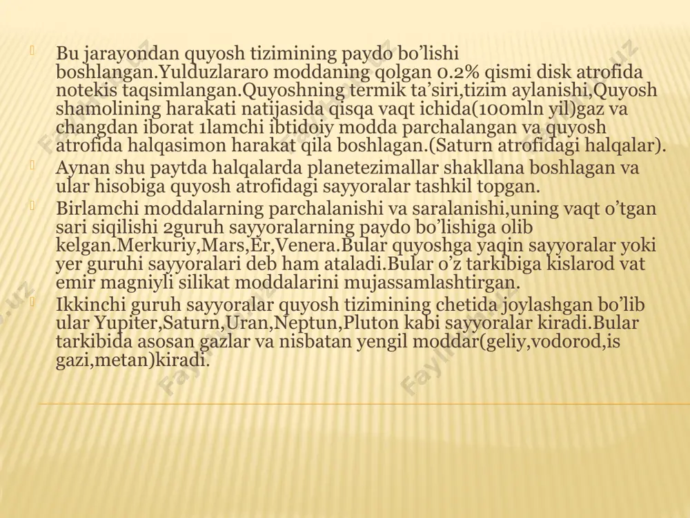 yotganligini ham isbotladi. hayotni paydo bo’lishi muammosi zamonaviy tabiatshunoslikning muhim va murakkab muammosi hisoblanadi. uning xulosalari biologiyani nazariy asoslarini yaratishga xizmat qiladi. hayotni paydo bo’lishi nazariyasi har xil va unchalik aniq emas. koinotni bir guruh olimlar doimiy borliq deb qaraydi. ikkinchi guruh olimlar koinotni ulkan portlash natijasida neytronlarning tuda bo’lishi natijasida paydo bo’lgan deb qaraladi. dindorlar esa koinot va hayot xudo tomonidan yaratilgan deb qaraydi. lekin borliqning paydo bo’lishini fan yo’li bilan tushuntirish mumkin. yerda hayotning paydo bo’lishi haqidagi asosiy fikrlar quyidagilardan iborat: 1. hayot tabiat qonunlaridan ham kuchli bo’lgan borliq vositasida ma‘lum bir vaqtda paydo bo’lgan (kreatsionizm). 2. hayot tirik bo’lmagan moddalardan bir necha marta hosil bo’lgan (o’z-o’zidan hosil bo’lish). 3. hayot doim bo’lgan. 4. hayot bizning planetamizga boshqa planetadan kelgan. 5. hayot kimyoviy va fizik qonunlar bo’yicha yuzaga kelgan (biokimyoviy evolyutsiya) yerda hayotni paydo bo’lishi bo’yicha 1-4 nazariyalarni tajriba yo’li bilan isbotlash qiyin. biroq, beshinchi - biokimyoviy evolyutsiya …