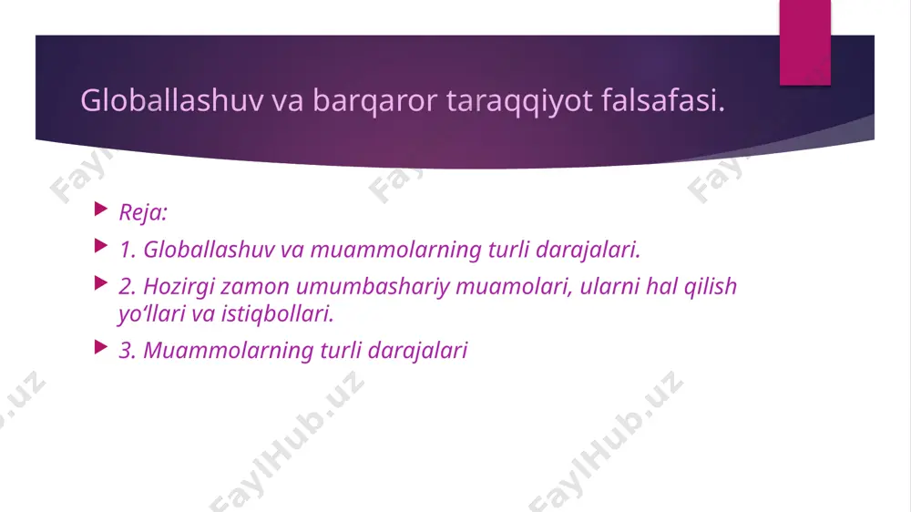va xususiyatiga ko‘ra uchta guruxgaajratish mumkin: birinchi guruxga: jahon termoyadro urushini oldini olish, yer yuzidagi xalqlar ijtimoiy taraqqiyoti uchun tinchlikni saqlash, rivojlanayotgan mamlakatlardagi mavjud kamchiliklarni tugatish, yangi xalqaro iqtisodiy tartibni o‘rnatish kabi muammolar kiradi. ikkinchi guruhga: atrof-muhitni falokatli ifloslanishdan saqlab qolish, insoniyatni yoqilg‘i xom-ashyo, oziqovqat bilan taʼminlash, jahon okeani manbalarini koinotni o‘zlashtirish singari umumbashariy muammolarni tashkil etadi. uchinchi guruhga: • ilmiy texnika inqilobi salbiy oqibatlarini oldini olish, • sog‘liqni saqlash, • savodsizlikka qarshi kurashish singari muhim hayotiy muammolardan iborat. e’tiboringiz uchun rahmat! image1.jpeg image2.png /docprops/thumbnail.jpeg