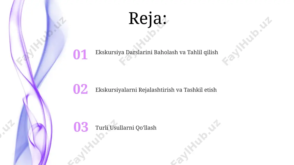 ya bo‘yicha bilim darajalarini 20% ga oshirganlar. ekskursiyalarni rejalashtirish va tayyorlash ekskursiya davomida 5 ta turli xil o'quv faoliyatlarini (rasm chizish, fotosuratga olish, kuzatuvlar yozish, ma'ruza tinglash, viktorina) o'tkazish va har bir faoliyat uchun 45 daqiqa vaqt ajratish rejalashtirilgan. ekskursiya uchun 2-3 hafta oldin samarqand va buxoro shaharlaridagi muzey va madaniy meros obyektlariga oldindan yozuv qilish va transportni (2 ta avtobus) bron qilish kerak. interaktiv usullar va o'yinlar farg'ona vodiysidagi tabiatni o'rganish uchun 3 bosqichli kvest o'yini, 20 ta savol va 15 ta topshiriqdan iborat bo'lib, o'quvchilarning faol ishtirokini ta'minlaydi. samarqanddagi tarixiy joylarni o'rganishda 5 ta turli interaktiv o'yinlardan foydalanib, 10 nafar o'quvchining bilimlarini 20% ga oshirish mumkin. muzeylar va tarixiy joylarni o'rganish buxoro shahridagi poi kalyan majmuasini o'rganishda, 11-16-asrlarga oid arxitektura uslublari va 2 ta minora – kalyan minora va poy kalyan masjidining o'ziga xos xususiyatlarini taqqoslash orqali, tarixiy davrlarni solishtirish imkoniyati yaratiladi. samarqanddagi registon maydoniga ekskursiya davomida, 15-asr …