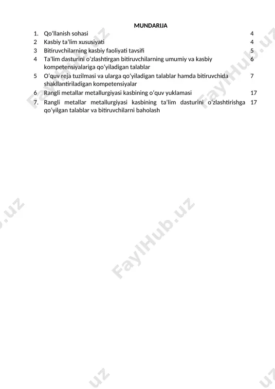 lar metallurgiyasi kasbi bitiruvchisi keyinchalik kasbiy ta’limini chuqurlashtirish maqsadida: · kadrlar malakasini oshirish tizimida, tarmoq o‘quv muassasalarida va maxsus kurslarida malakani oshirishi; · kasbiy faoliyatning tegishli sohasida yanada yuqoriroq malakaga erishish maqsadida oliy ta’lim muassasasida o‘qishni davom ettirishi mumkin. 2.4. o‘qishga qabul shartlari. o‘qishga qabul shartlari amaldagi qonunchilik asosida amalga oshiriladi. 3. bitiruvchilarning kasbiy faoliyati tavsifi 3.1. bitiruvchining kasbiy faoliyat sohasi: rangli metallar metallurgiyasi mutaxassisligi rangli metall va qotishmalarini quyuvchisi, gidrometallurg apparatchisi, rangli metall mahsulotlari nazoratchisi, foydalaniladigan mashina va agregatlar, asosiy va yordamchi jihozlardan texnik foydalanish va ularni montaj qilish ishlarini mehnat muhofazasi qoidalariga amal qilgan holda bajarish. 3.1. bitiruvchining kasbiy faoliyat obyektlari: 3.1.1. rangli metall va qotishmalarni quyuvchi kvalifikatsiyasi bo‘yicha: texnologik jarayonlar; metallar va qotishmalar; metall va qotishmalar xossalari; uskunalar va qurilmalar; eritma va qotishmalar; quyish jarayonlari; yuklash va tushirish mexanizmlari; yordamchi jihozlarini; olovbardosh materiallar; yallig’ qaytaruvchi eritish pechi; kislorodli mash’ala eritish pechi; konverter pechi; anot pechi; suyuq vannada …