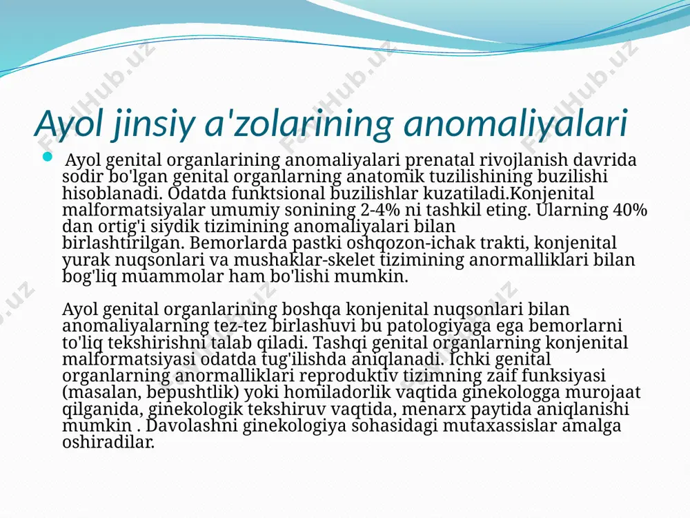 da salbiy ta'sir ko'rsatishi bilan namoyon bo'ladi . bog'langan mulleran kanallarini yotqizilishi homiladorlikning birinchi oyida sodir bo'ladi . avval ular kordon ko'rinishiga ega, lekin ikkinchi oyda ular kanallarga aylanadi. keyinchalik bu kanallarning pastki va o'rta qismlari birlashib, uterin tomir o'rta qismidan hosil bo'ladi va vaginal mısır pastki qismdan hosil bo'ladi. 4-5 oy ichida badan va serviksin o'rtasida farq bor. mulliya kanallarining yuqori bo'lmagan , yopiq bo'lmagan qismidan kelib chiqqan fallopiya naychalari 8-10 hafta davomida o'rnatiladi. quvurlarning shakllanishi 16-haftaga to'g'ri keladi. gimnastika eritilgan kanallarning tubidan keladi. tashqi jinsiy a'zolar teri va urogenital sinusdan (kloakaning old qismidan) hosil bo'ladi. ularning differentsiatsiyasi homiladorlikning 17-18-kunlari o'tkaziladi .vagina hosil bo'lishi 8-haftada boshlanadi, uning o'sishi 19-hafta davom etadi. tashqi genital organlarning anomalliklari klitorisning malformatsiyasi genezi, gipoplaziya va gipertrofiya kabi ko'rinadi. birinchi ikkita nuqson ayol jinsiy organlarining juda nodir anormalliklari. konjenital adrenogenital sindromda (adrenal korteksning irsiy disfunktsiyasi) klitoral gipertrofiya aniqlanadi. jiddiy gipertrofiya jarrohlik tuzatish uchun ko'rsatma sifatida …