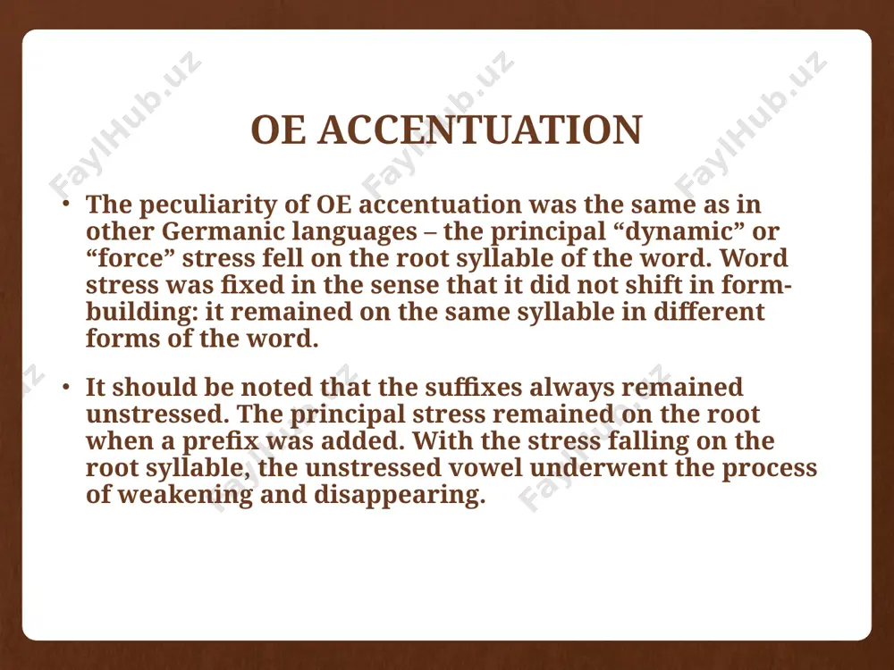 was short, the following consonant was doubled: cnusian  cnyssan (толкать) framian  fremman. short diphthongs and their phonemic status there were 3 essential sources of short diphthongs in oe: 1. oe breaking e  eo or æ  ea if 1) followed by r, l, h + consonant or 2) h in the final position: ærm – earm (рука); æhta  eahta (восемь); æld  eald (старый). 2. palatal diphthongization the diphthongization is caused by the preceding consonant after /k/, /sk/, /3/. e  ie 3efan  3iefan (давать) æ  ea 3æf  3eaf (дал) a  ea scacan  sceaco (to shake) o  eo æ:  ea: nb. the consonants /k’/ and influenced only the front vowels, while the cluster /sk’/ effected also back vowels /o/, /a/. 3. back mutation=velar mutation. the essence of back mutation: the articulation of the back vowel is anticipated in the …