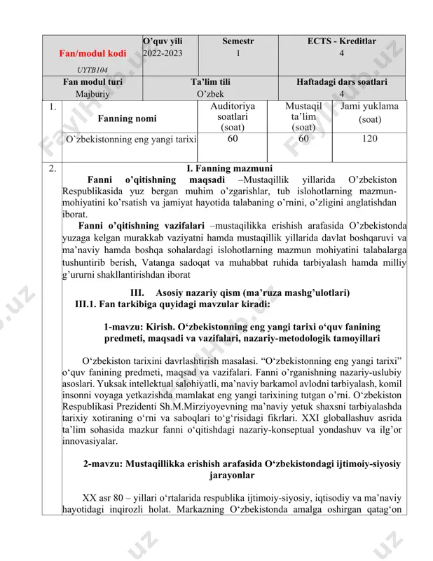 asoslari. yuksak intellektual salohiyatli, ma’naviy barkamol avlodni tarbiyalash, komil insonni voyaga yetkazishda mamlakat eng yangi tarixining tutgan o’rni. o‘zbekiston respublikasi prezidenti sh.m.mirziyoyevning ma’naviy yetuk shaxsni tarbiyalashda tarixiy xotiraning o‘rni va saboqlari to‘g‘risidagi fikrlari. xxi globallashuv asrida ta’lim sohasida mazkur fanni o‘qitishdagi nazariy-konseptual yondashuv va ilg’or innovasiyalar. 2-mavzu: mustaqillikka erishish arafasida o‘zbekistondagi ijtimoiy-siyosiy jarayonlar xx asr 80 – yillari o‘rtalarida respublika ijtimoiy-siyosiy, iqtisodiy va ma’naviy hayotidagi inqirozli holat. markazning o‘zbekistonda amalga oshirgan qatag‘on siyosati. “paxta ishi”, “o‘zbek ishi” nomli kompaniyalar. aholi turmush tarzining og’irlashuvi. orol fojeasi. farg‘ona voqealari. 1989 yil o‘rtalarida respublika ijtimoiy-siyosiy hayotidagi o‘zgarishlar. milliy manfaatlar ustuvorligining o’sib borishi. i.karimov–o‘zbekistonning birinchi prezidenti. mustaqillik deklarasiyasi va uning tarixiy ahamiyati. 1991 yil avgust voqealari. gkchp. sovet davlatining tanazzulga yuz tutishi. 3-mavzu: mustaqil o‘zbekiston respublikasining tashkil topishi va uning tarixiy ahamiyati mustaqillik arafasida respublikadagi ijtimoiy-iqtisodiy va siyosiy ahvol. o’zlikni anglashga intilishning kuchayishi. siyosiy tizimdagi o‘zgarishlar. mustaqillikning e’lon qilinishi. o‘zbekiston respublikasining tashkil etilishi. mustaqillikning …