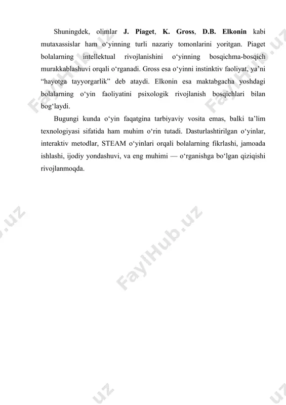 tayyorgarlik” deb ataydi. elkonin esa maktabgacha yoshdagi bolalarning o‘yin faoliyatini psixologik rivojlanish bosqichlari bilan bog‘laydi. bugungi kunda o‘yin faqatgina tarbiyaviy vosita emas, balki ta’lim texnologiyasi sifatida ham muhim o‘rin tutadi. dasturlashtirilgan o‘yinlar, interaktiv metodlar, steam o‘yinlari orqali bolalarning fikrlashi, jamoada ishlashi, ijodiy yondashuvi, va eng muhimi — o‘rganishga bo‘lgan qiziqishi rivojlanmoqda. xulosa o‘yin – bu bolaning hayot tarzidir. u orqali bola atrof-muhitni o‘rganadi, o‘zini anglaydi, tajriba orttiradi va jamiyatga moslashadi. o‘yin faoliyatining o‘rganilishi tarixida ko‘plab olimlar uning ijtimoiy-psixologik, madaniy va pedagogik ahamiyatini chuqur tahlil qilganlar. xeyzinga o‘yinni madaniyat negizi sifatida ko‘rsa, vygotskiy uni bolaning aqliy va ijtimoiy rivojlanishidagi asosiy vosita sifatida baholaydi. bunday nazariyalar shuni ko‘rsatadiki, o‘yin – shunchaki vaqt o‘tkazish emas, balki insoniy shakllanishning ajralmas qismidir. zamonaviy maktabgacha ta’lim tizimi bolalarning qiziqishini, faolligini va ijodiy fikrlashini rag‘batlantiruvchi metodlarni izlaydi. shu nuqtai nazardan qaraganda, o‘yin texnologiyalari ta’limda muhim vosita sifatida o‘z o‘rnini mustahkamlayapti. o‘yinlar bolalarda muhim ko‘nikmalar — fikrlash, axloqiy …