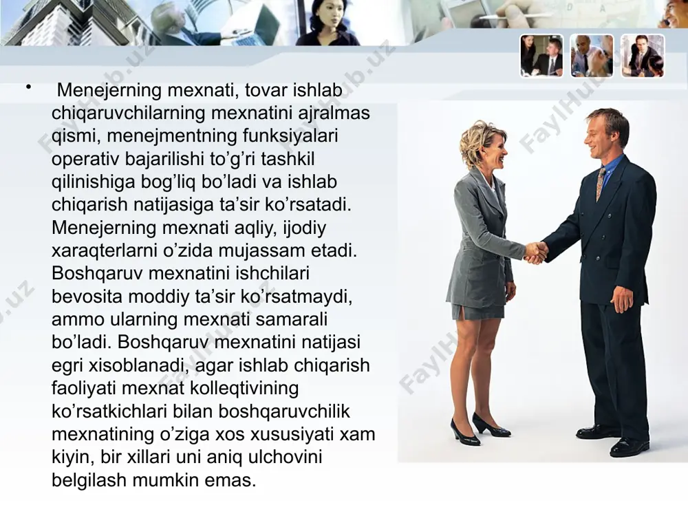 tor isloxatlar talab kiladi. xo’jalik mexanizmining xar qanday isloxati ongimizdagi eskicha fikrlashning inkor etilishidan boshlanadi: yangi vazifalarning aniq tushunilishini talab kiladi. maksad va vazifalar belgilanganidan sung, bularning amaliyotda qo’llanilishi ko’p tomonlama boshqaruv apparatiga bog’liq. qadrlar tanlanishi shunaka jarayonki, mansabning talablariga javob beradigan kishilarni kidirish. ayni paytda bu tanlov orqali ularni rasional joylashtirish muammosi xam xal qilinadi. qadrlar joylashtiriluvi, eng yuqsak ishlab chiqaruvni ta’minlash maksadida, ularni (qadrlarni) maksadga muvofiq shaklda boshqaruv apparatida joylashtiriluviga bog’liq. qadrlar tanlovi, bozor sharoitida ishlay oladigan kishilar va ularda kolleqtiv yo’zaga keltirish bilan bog’liq. bozor iqtisodiyoti munosabati menejerlardan, tadbirkorlik va tez qaror qabul qilishni talab kiladi. muxim bo’lgani nafakatgina isloxat tamoyillarini umumiy tushunish, balki ularni qadrlarni xar kungi xayotida ishlata olish, ishning tarzini va uslubini o’zgartira olish. bularni inobatga olgan xolda ma’suliyatli faoliyat ko’rsatish, yangi xuquqlardan foydalanish va sezilarli darajada intizomni mustaxkamlash kerak. menejerlar yaxshi taqtikkina bo’lib kolmay, strateg xam bo’lishlari kerak. ular bozor extiyojlarini inobatga olishlari, …