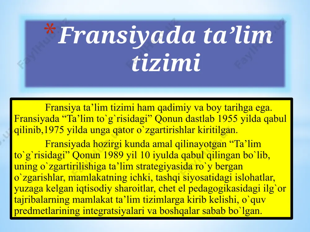fransiyadagi oliy ta’lim. ko`p yillar davomida fransiyadagi ta’lim chet elliklar orasida juda mashxur bo`lib kelgan.fransiyada bir necha yildan beri yevropaning eng mashxur joyi sifatida germaniya bilan raqobatlashmoqda. dunyoga mashxur qadimiy universitetlar, nufuzli “grand ecole” va muhandislik kollejlari parij markazidagi yevropa biznes maktablari-bularning barchasi chet ellik talabalrni hayratda qoldiradi. bundan tashqari, fransiyadagi ta’lim uning yevropa qo`shnilariga nisbatan juda ko`p afzalliklarga ega. fransiyada ta’lim olishning afzaliklari: arzon narhlar. fransiya davlat universitetidab o`qish bepul bo`lib hisoblanadi-siz har yili ma’muriy to`lovni to`lashingiz kerak, bu mintaqa va ta’lim darajasiga qarab 300 yevro atrofida turadi. tanlash erkinligi: fransuz o`qituvchilarining ma’ruzalari qiziqarli munozaralar: sharhlar va savollar, o`zaro muloqotlardan iboratdir. talaba o`qish uchun rejani o`zi tanlashi, ilmiy loyihalar yaratishi va o`z fikrlarini bildirishi mumkin-bularning barchasi rag`batlantiriladi. yaxshi istiqbollar:fransuz diplomi yevropa ittifoqida juda qadrlanadi, shuning uchun fransiya universitetlari bitiruvchilarining kelgusida ishga joylashish uchun ko`plab imkoniyatlari bor. e’tiboringiz uchun rahmat! image1.png image2.jpeg image3.png image4.png image5.png image6.png /docprops/thumbnail.jpeg