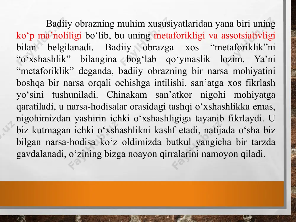 detal deyiladi. obraz ifodalash usullaridan biri portret. masalan, “mehrobdan chayon”da ra’no gulining suvi bobida tasvirini keltiradi. detall, detallash – ifodalashning yana bir usuli, biror predmet orqali qahramon harakterini ochib berish. masalan, “sinchalak”da raisning xotini bug‘i chiqib turgan choynak olib keladi, stol ustida joy yo‘q, shunda u choynakni ishlab turgan televizor ustiga qo‘yib chiqib ketadi. shu detal bilan uning kimligini ko‘rsatadi. an’anaviy obrazlar – badiiy, ayniqsa, mumtoz adabiyotdagi an’anaviy obraz deyilganda, payg‘ambar, hukmdor, amaldor, avvaldan tanish bolgan asar qahramonlari; gul, bulbul, tikon, lola singari o‘simliklar, may, qadah singari predmetlar timsollari nazarda tutiladi. e’tiboringiz uchun rahmat! image3.jpg image4.jpeg image5.png image6.jpeg image7.jpeg /docprops/thumbnail.jpeg